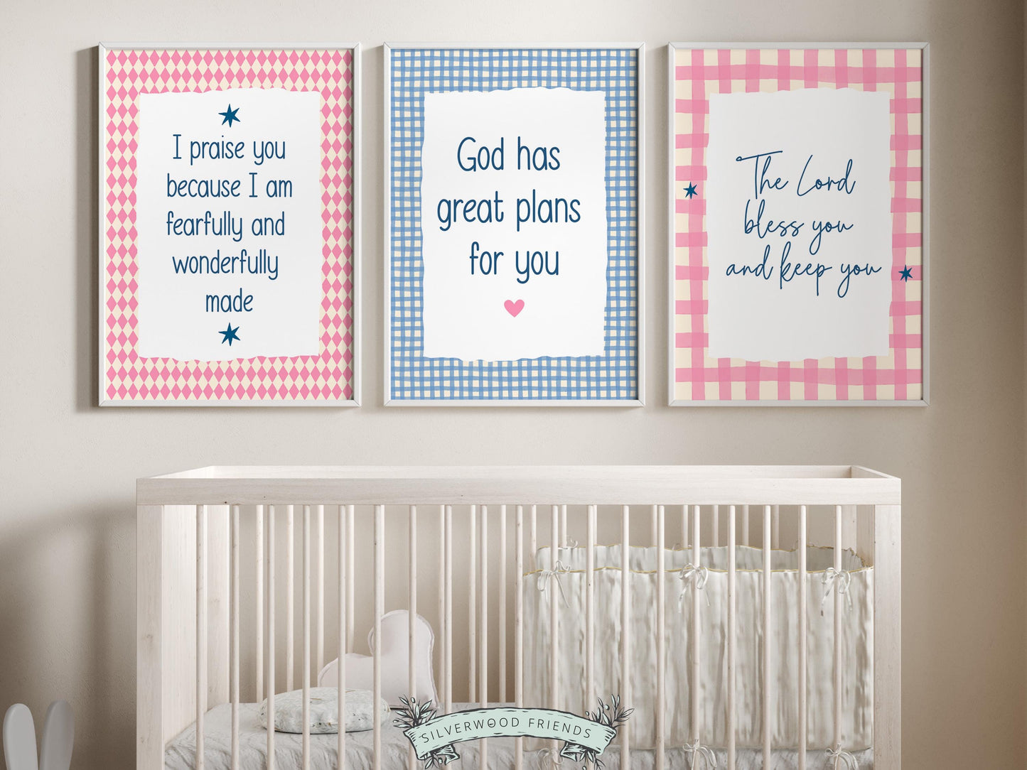 Create a peaceful and faith-filled space with this set of 3 Christian wall art prints for kids, designed in a playful boho style with pink and blue gingham check patterns. Each print features a meaningful Bible verse or faith-based affirmation to encourage children, build confidence, and remind them of God’s love every day.