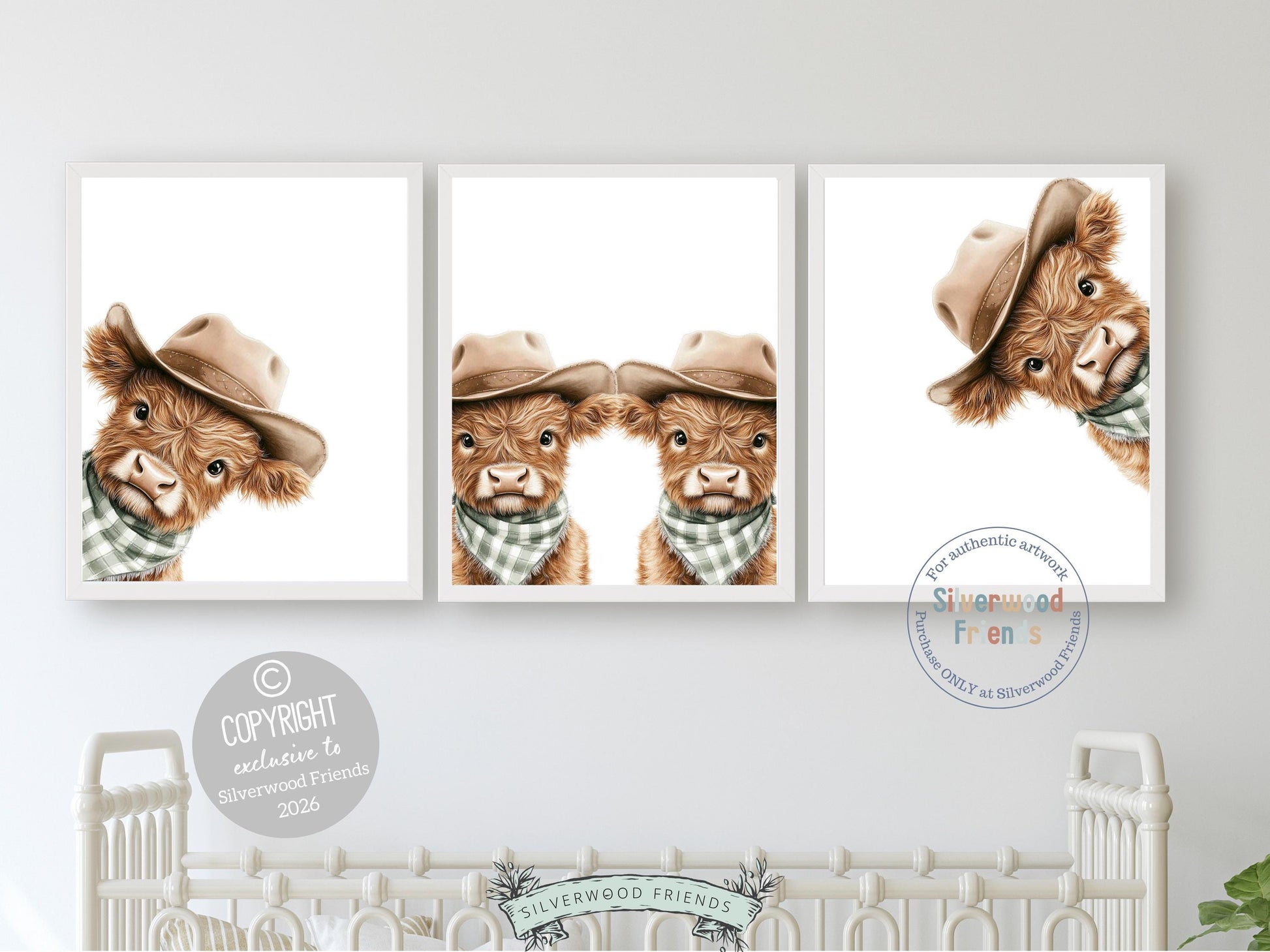 Peeking Baby Highland Cow Nursery Prints, Sage Green Highland Cow Twin Nursery Decor, Cowboy Western Nursery Wall Art Digital Print Gift