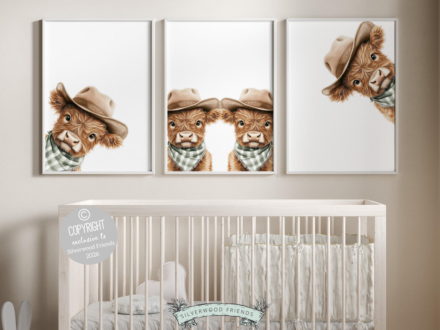 Peeking Baby Highland Cow Nursery Prints, Sage Green Highland Cow Twin Nursery Decor, Cowboy Western Nursery Wall Art Digital Print Gift