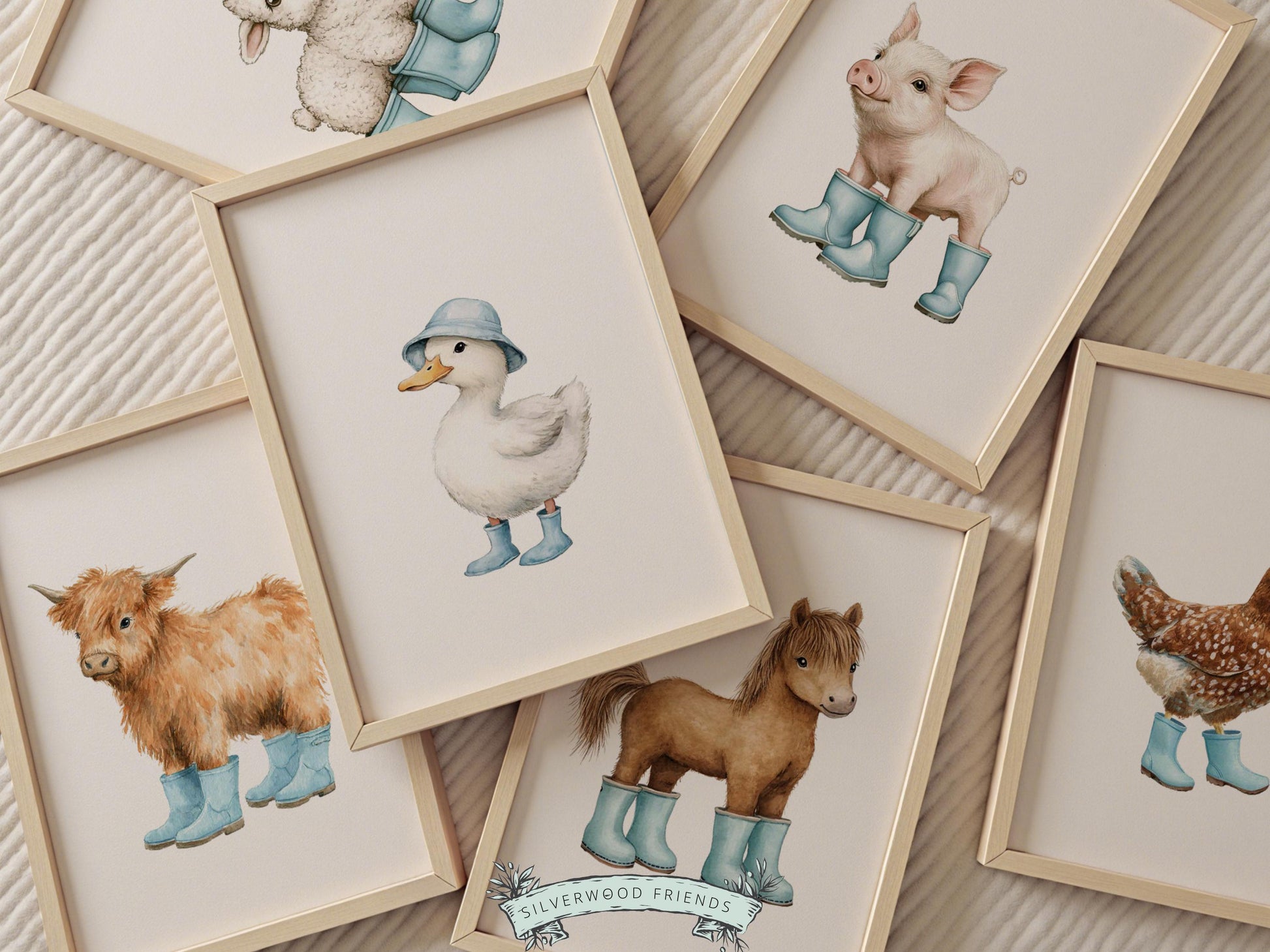 Baby Farm Animal Prints, Blue Farmyard Animal Nursery Decor (Digital Print)