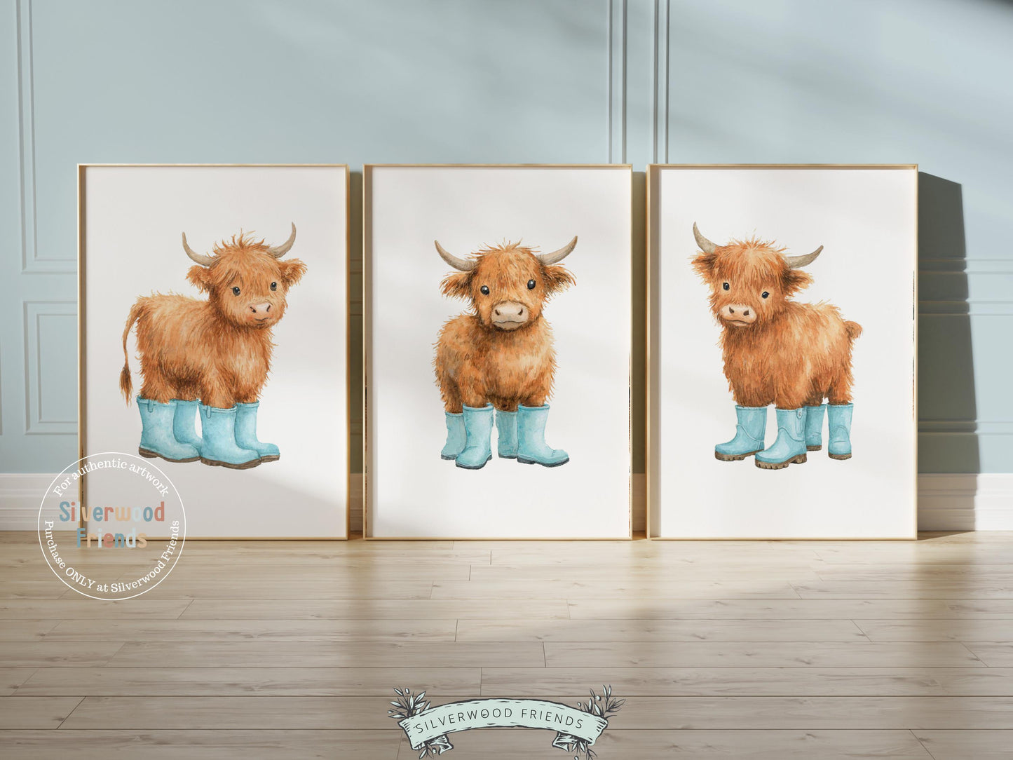 Highland Cow Nursery Print, Blue Highland Cow Nursery Decor, Watercolor Highland Cow Gift, Kids Farm Bedroom Wall Decor Digital Print