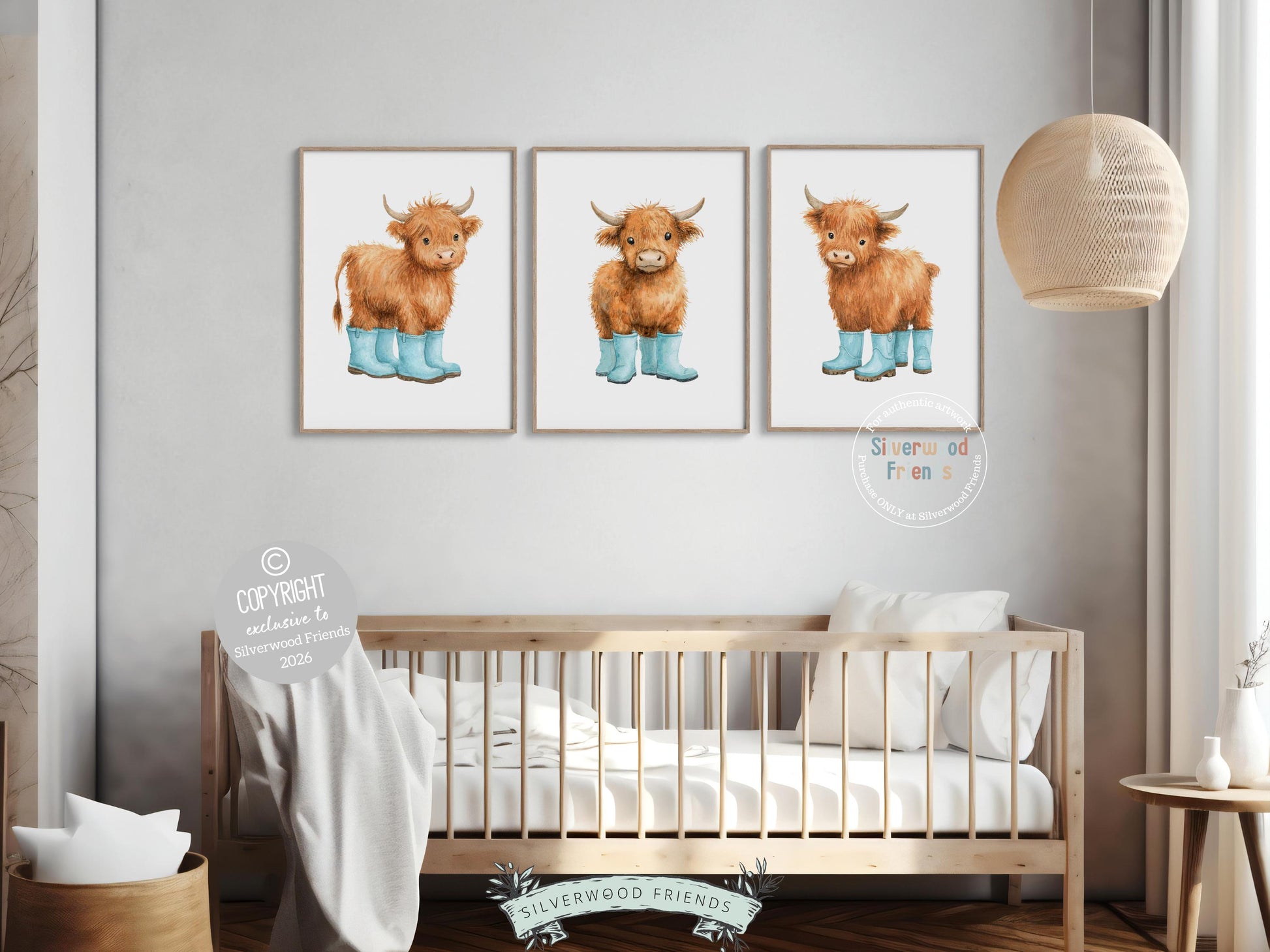 Highland Cow Nursery Print, Blue Highland Cow Nursery Decor, Watercolor Highland Cow Gift, Kids Farm Bedroom Wall Decor Digital Print