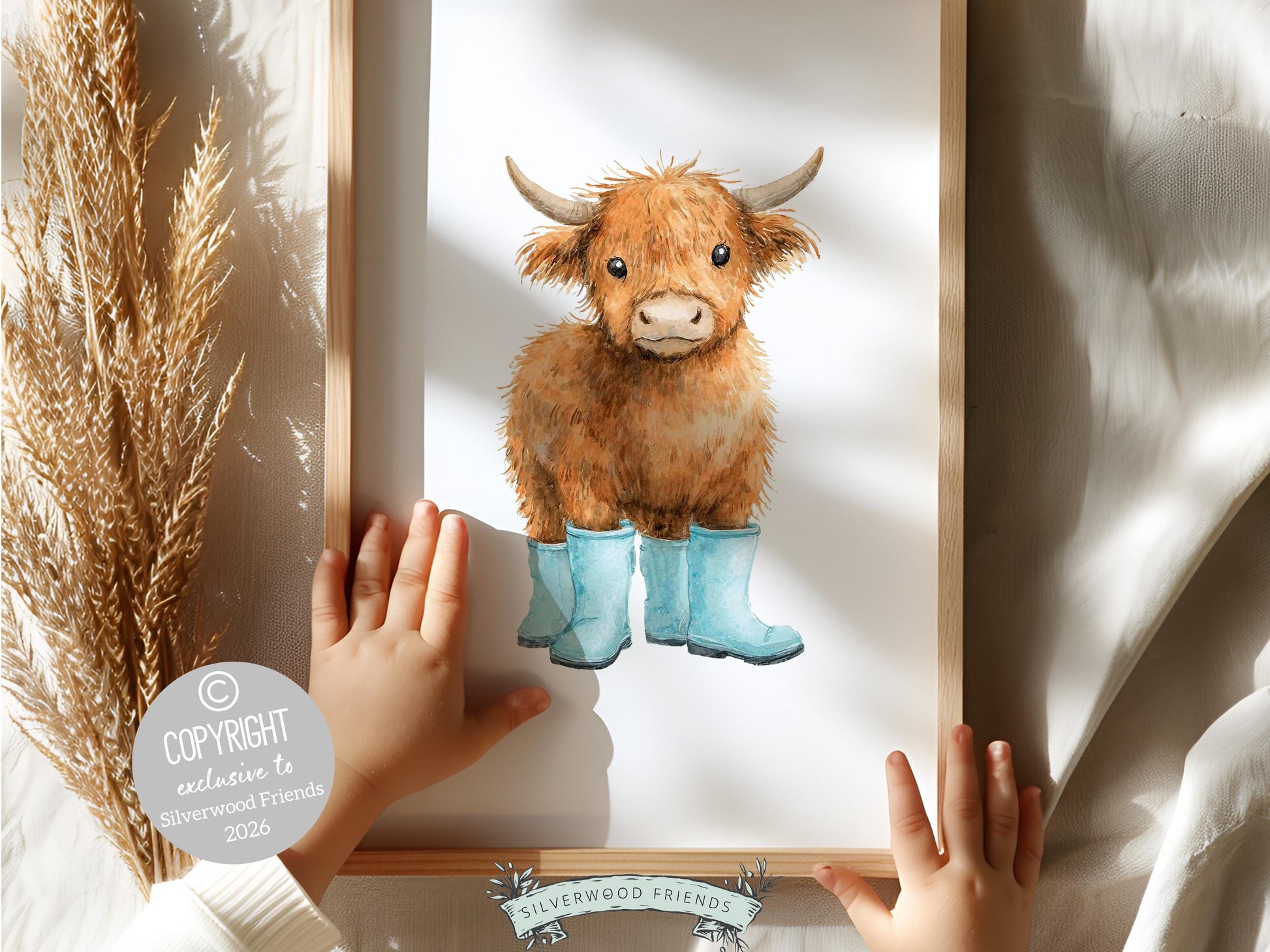 Highland Cow Nursery Print, Blue Highland Cow Nursery Decor, Watercolor Highland Cow Gift, Kids Farm Bedroom Wall Decor Digital Print