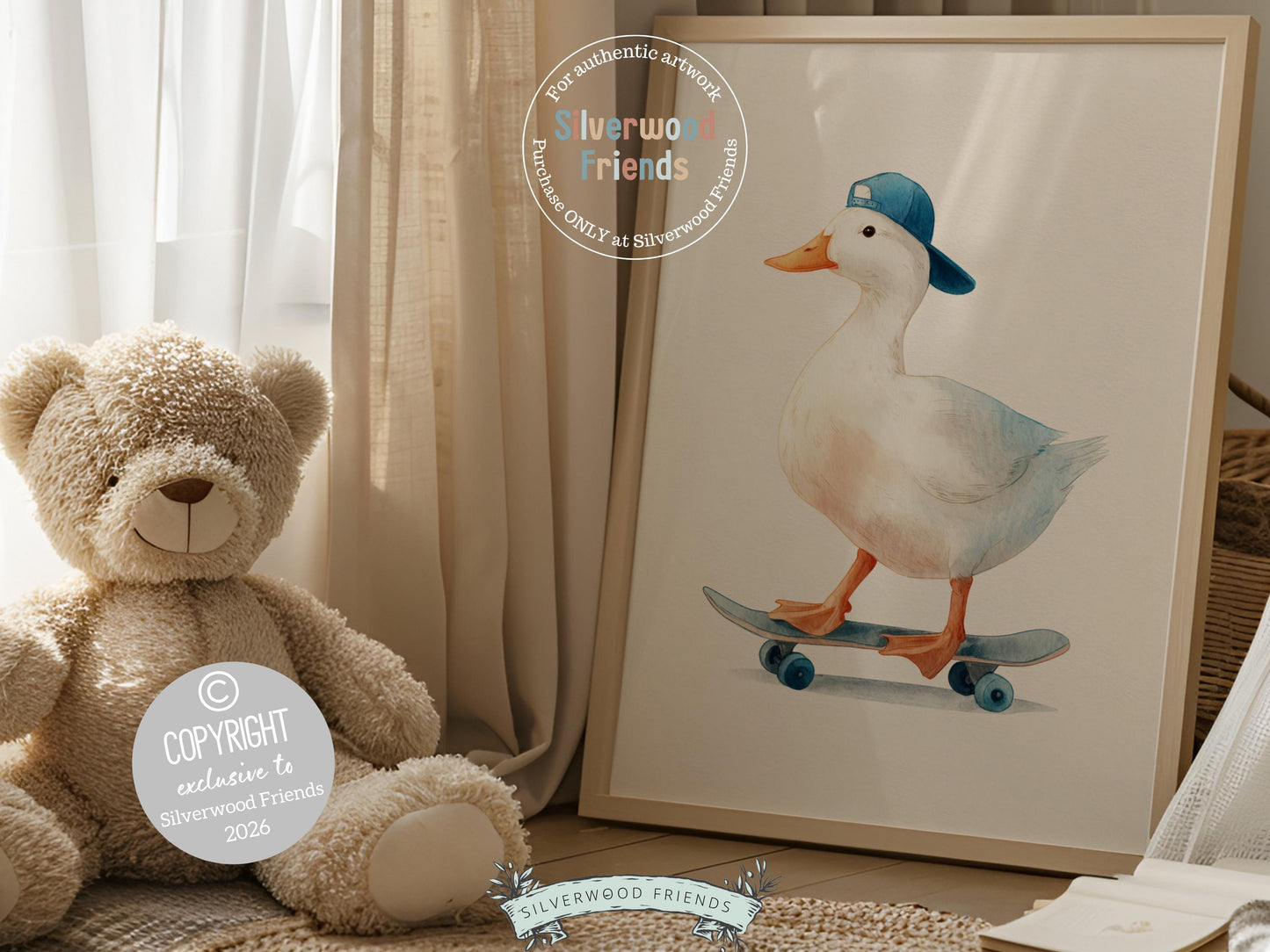 Duck Nursery Print, Farmyard Duckling Nursery Decor, Boys Sport Skateboard Nursery Wall Art, Kids Farm Animal Wall Decor Digital Print