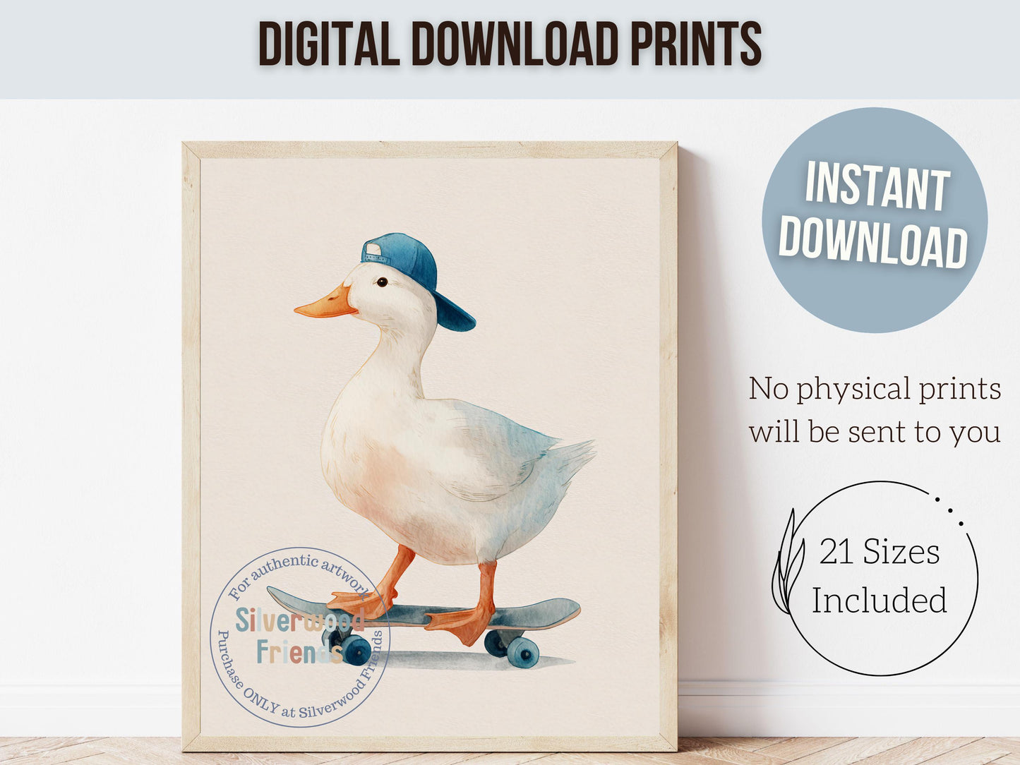 Duck Nursery Print, Farmyard Duckling Nursery Decor, Boys Sport Skateboard Nursery Wall Art, Kids Farm Animal Wall Decor Digital Print