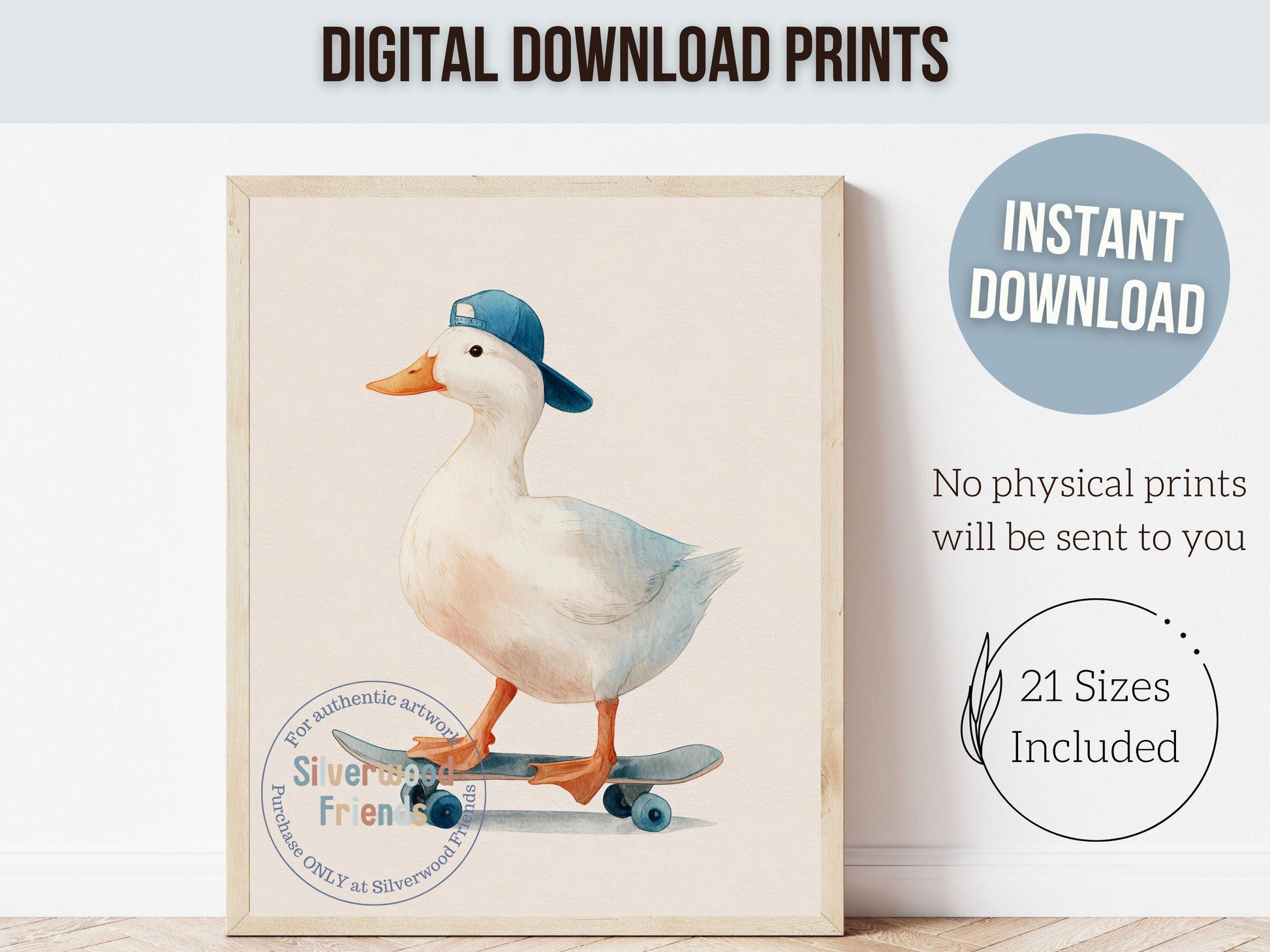 Duck Nursery Print, Farmyard Duckling Nursery Decor, Boys Sport Skateboard Nursery Wall Art, Kids Farm Animal Wall Decor Digital Print