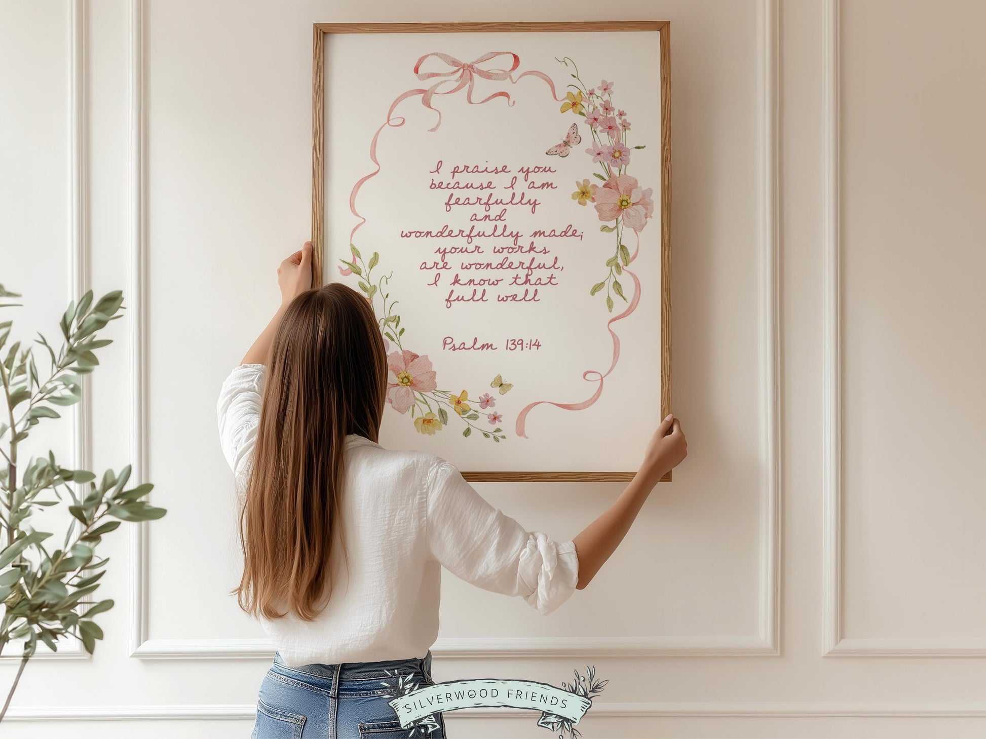 Psalm 139:14 Nursery Wall Art, Fearfully and Wonderfully Made Bible Verse Print, Pink Bow Floral Christian Nursery Decor, Digital Download