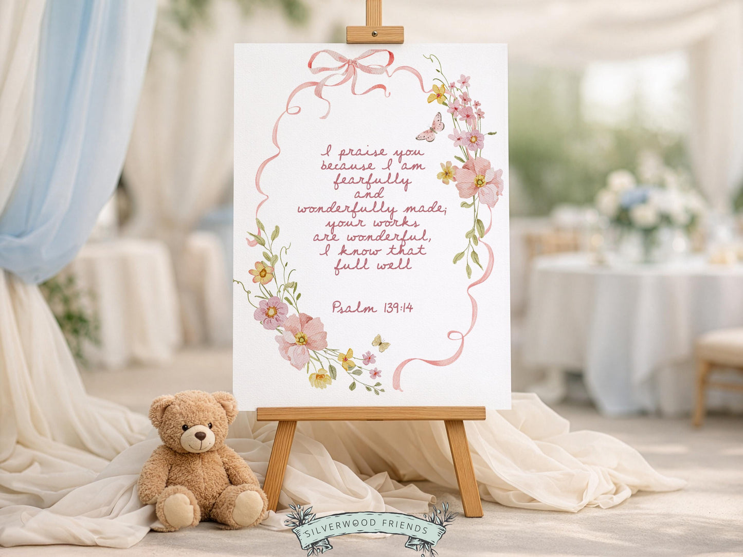 Psalm 139:14 Nursery Wall Art, Fearfully and Wonderfully Made Bible Verse Print, Pink Bow Floral Christian Nursery Decor, Digital Download