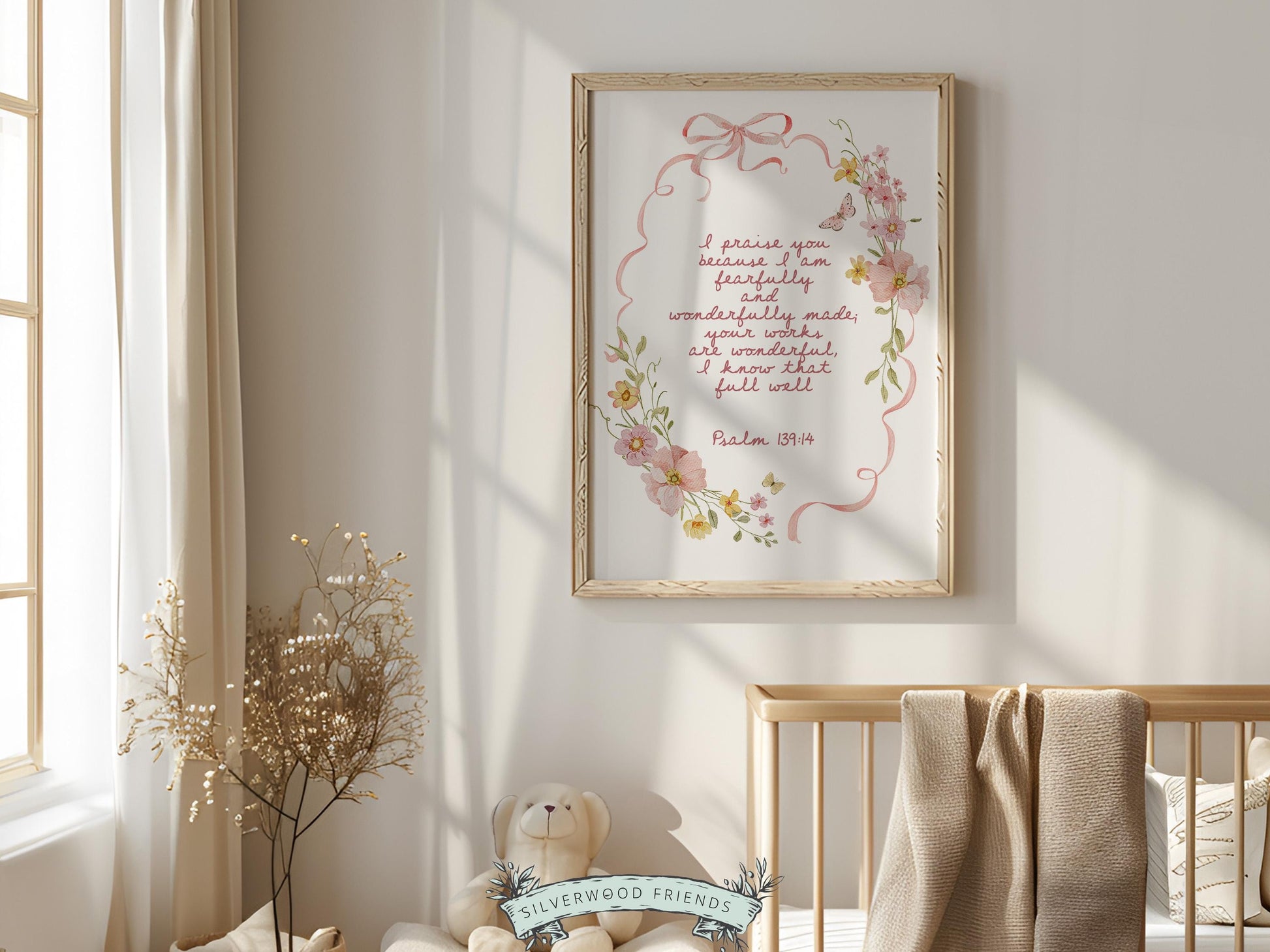 Psalm 139:14 Nursery Wall Art, Fearfully and Wonderfully Made Bible Verse Print, Pink Bow Floral Christian Nursery Decor, Digital Download