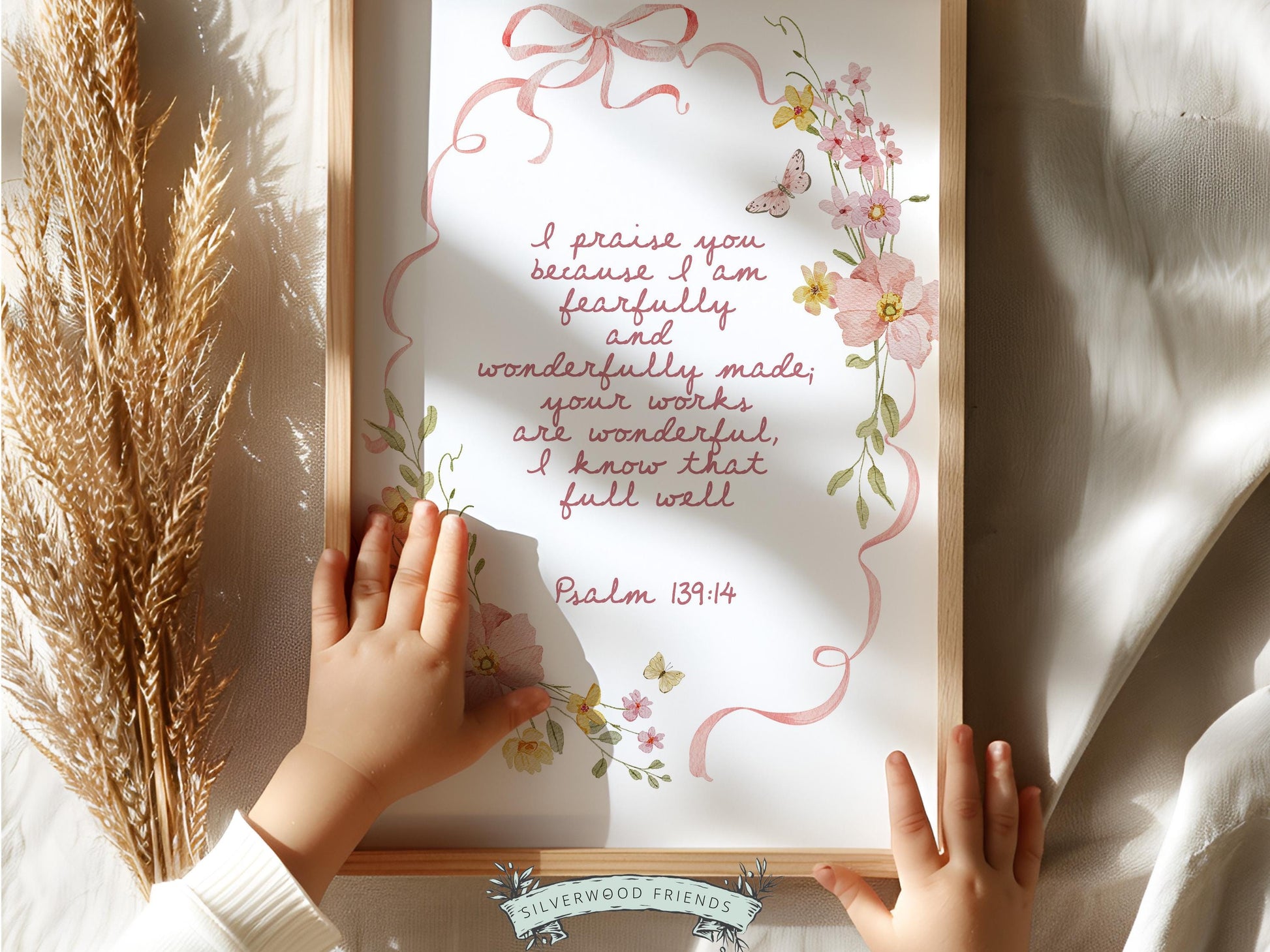 Psalm 139:14 Nursery Wall Art, Fearfully and Wonderfully Made Bible Verse Print, Pink Bow Floral Christian Nursery Decor, Digital Download
