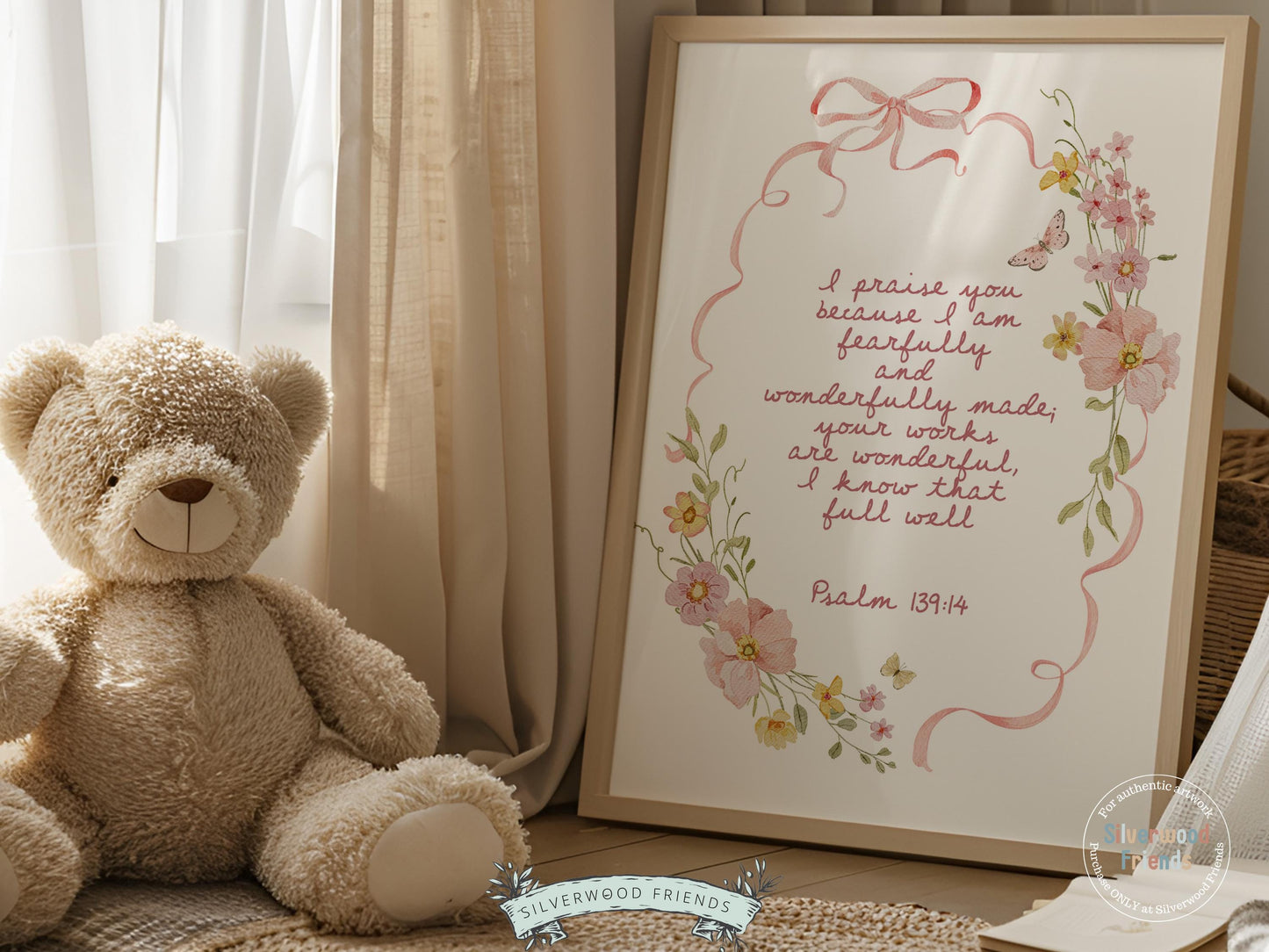 Psalm 139:14 Nursery Wall Art, Fearfully and Wonderfully Made Bible Verse Print, Pink Bow Floral Christian Nursery Decor, Digital Download
