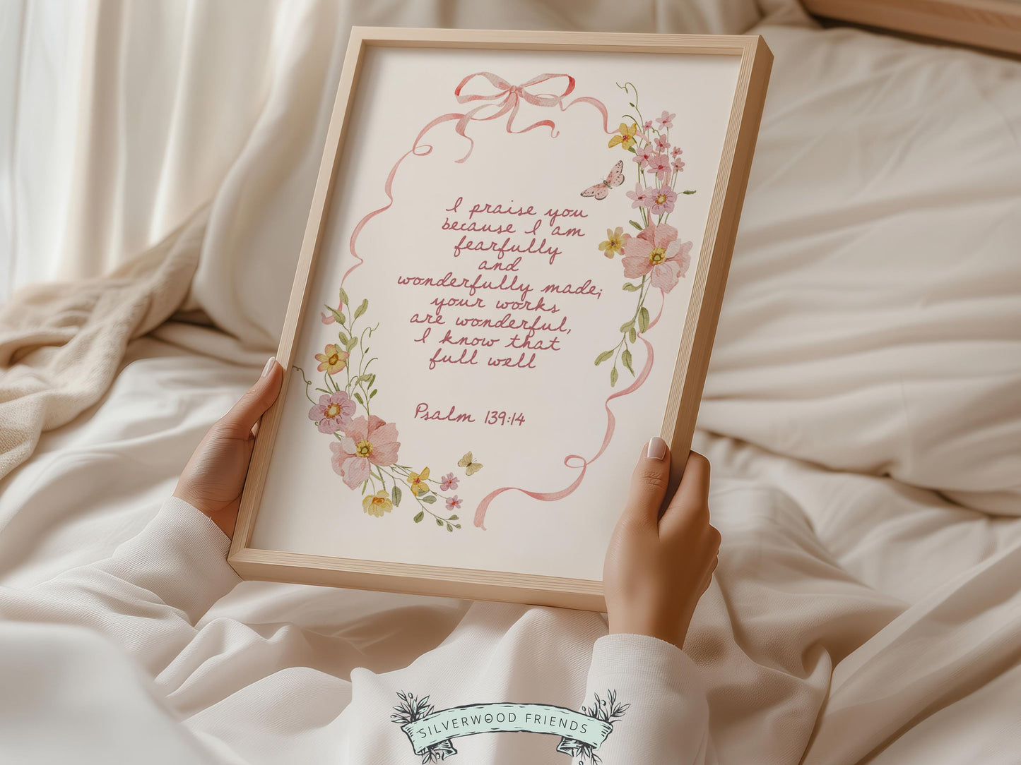 Psalm 139:14 Nursery Wall Art, Fearfully and Wonderfully Made Bible Verse Print, Pink Bow Floral Christian Nursery Decor, Digital Download