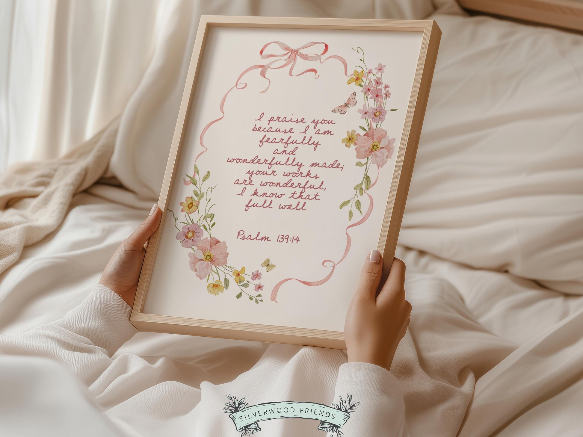 Psalm 139:14 Nursery Wall Art, Fearfully and Wonderfully Made Bible Verse Print, Pink Bow Floral Christian Nursery Decor, Digital Download