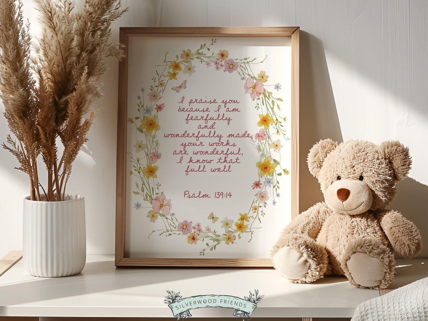 Psalm 139:14 Nursery Wall Art, Fearfully and Wonderfully Made Bible Verse Print, Baby Girl Floral Christian Nursery Decor, Digital Download