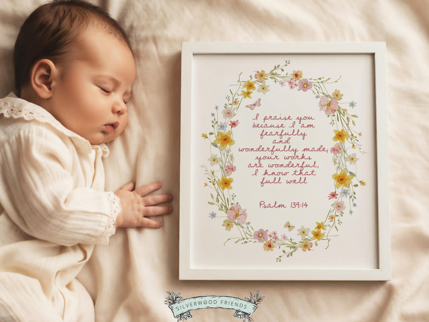 Psalm 139:14 Nursery Wall Art, Fearfully and Wonderfully Made Bible Verse Print, Baby Girl Floral Christian Nursery Decor, Digital Download