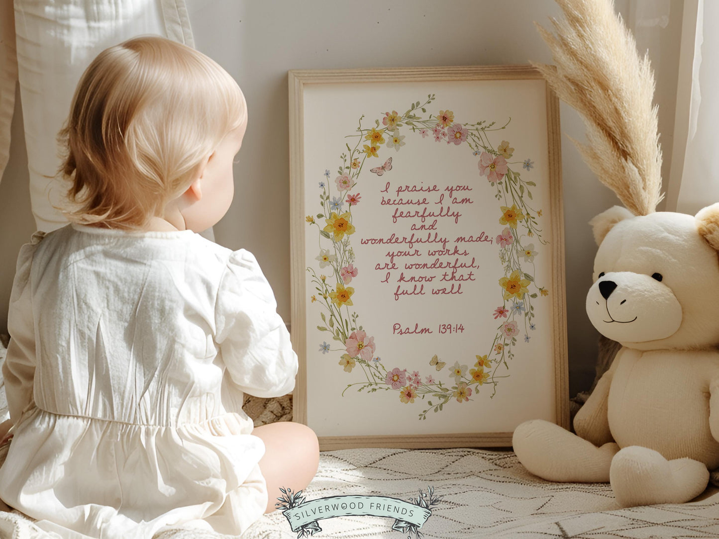 Psalm 139:14 Nursery Wall Art, Fearfully and Wonderfully Made Bible Verse Print, Baby Girl Floral Christian Nursery Decor, Digital Download