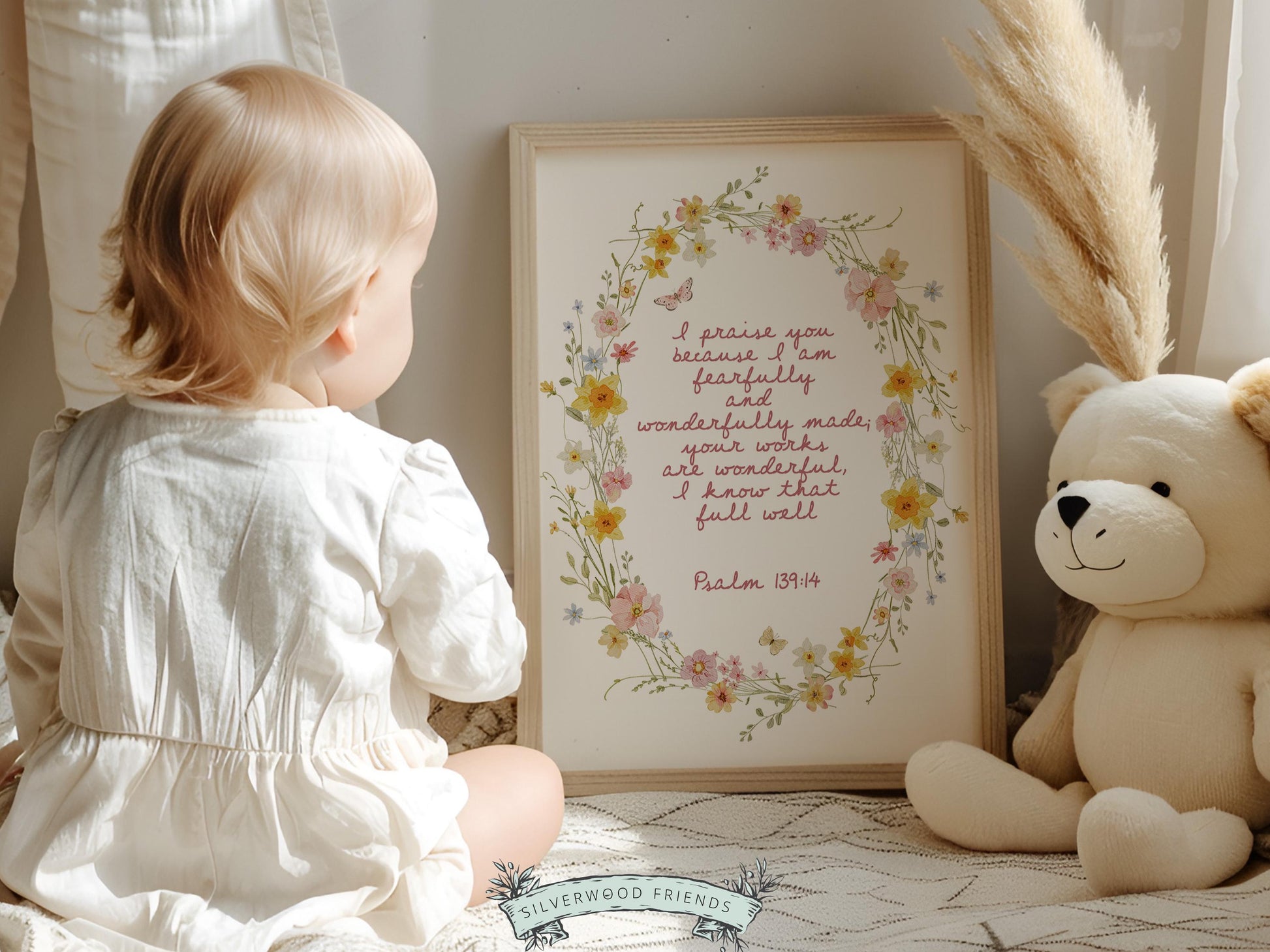 Psalm 139:14 Nursery Wall Art, Fearfully and Wonderfully Made Bible Verse Print, Baby Girl Floral Christian Nursery Decor, Digital Download