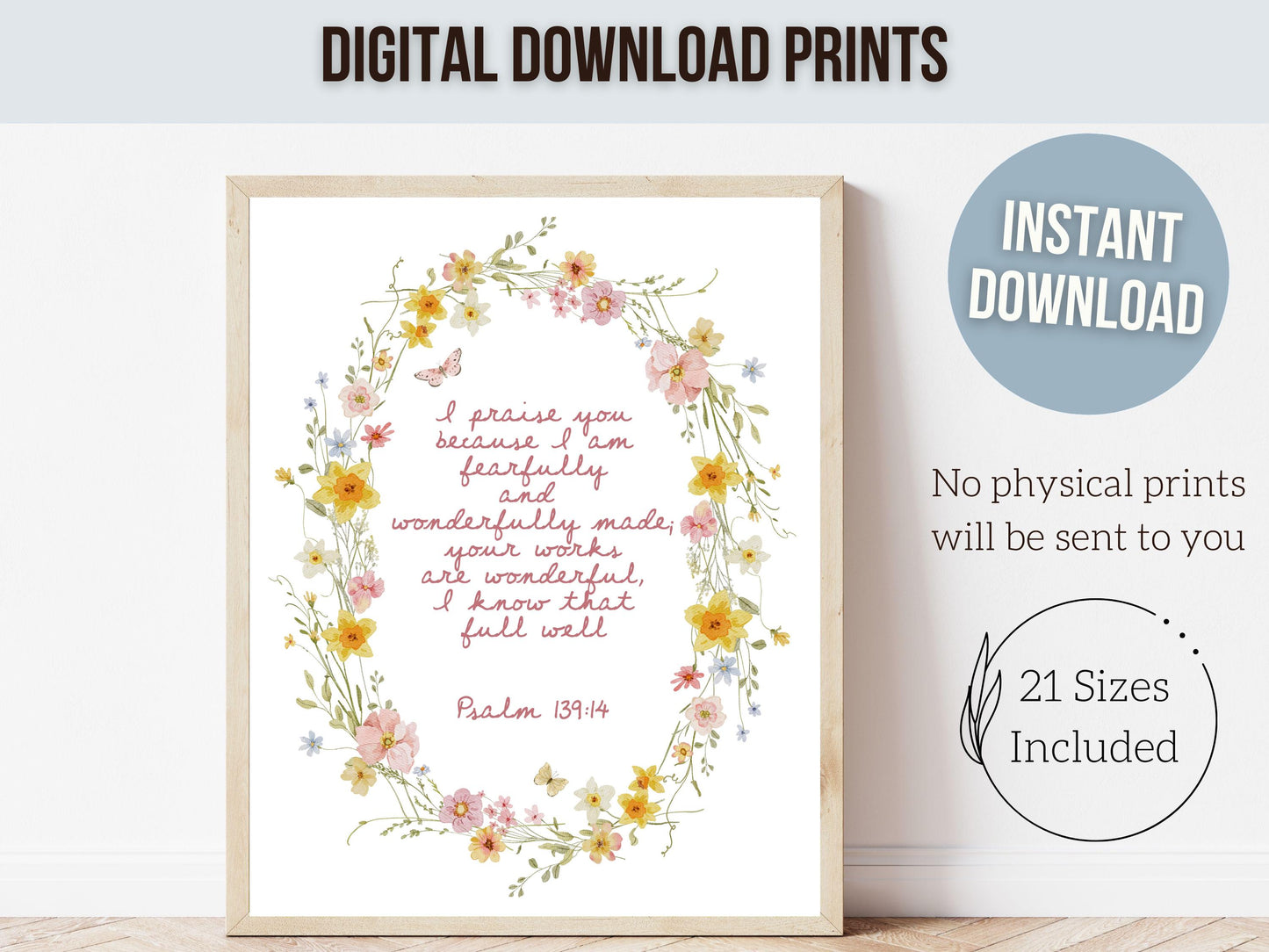 Psalm 139:14 Nursery Wall Art, Fearfully and Wonderfully Made Bible Verse Print, Baby Girl Floral Christian Nursery Decor, Digital Download