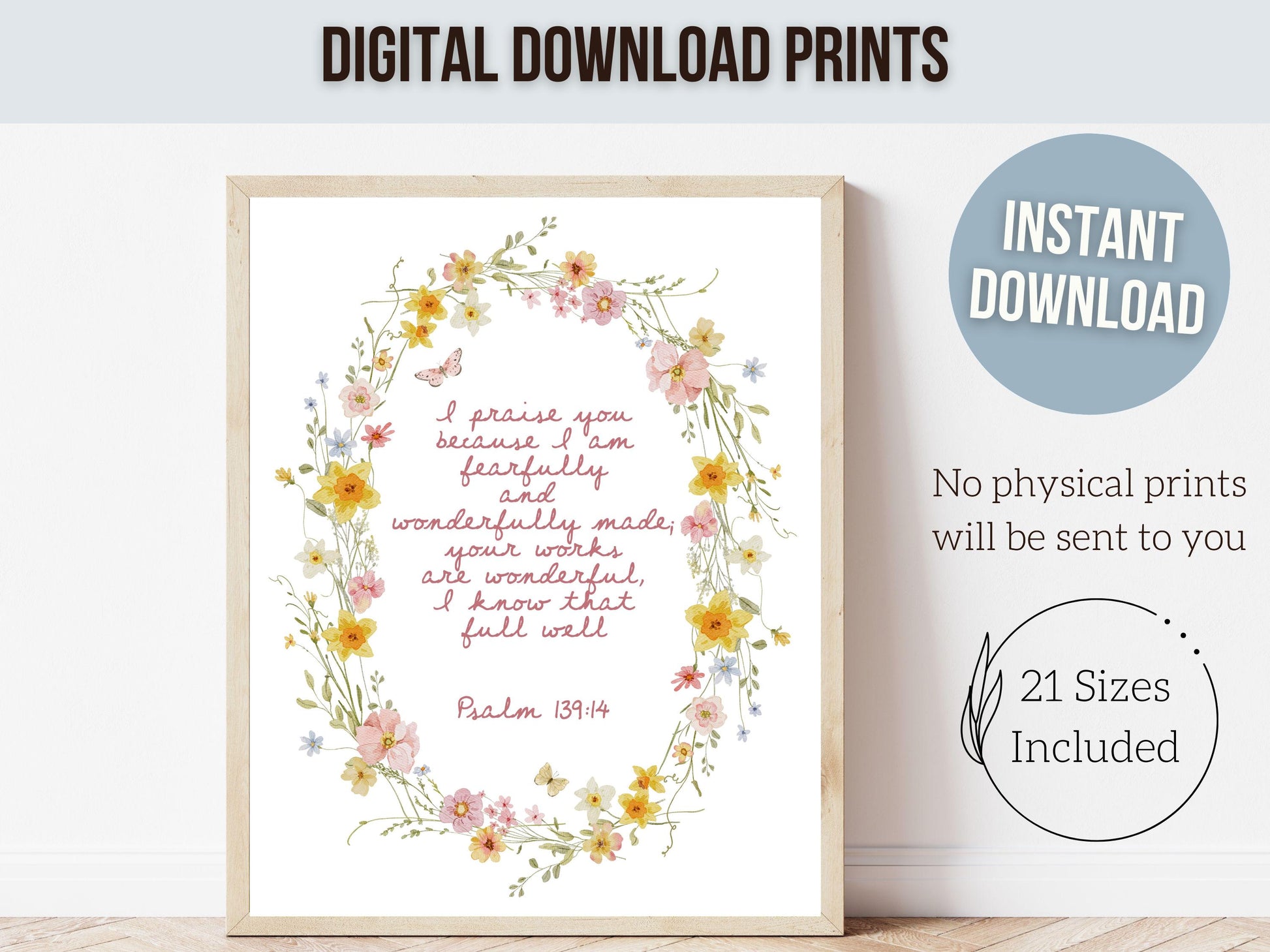 Psalm 139:14 Nursery Wall Art, Fearfully and Wonderfully Made Bible Verse Print, Baby Girl Floral Christian Nursery Decor, Digital Download