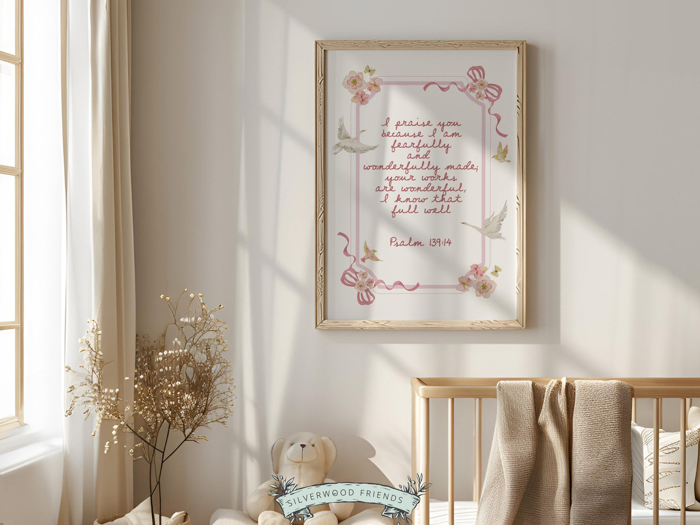 Psalm 139:14 Nursery Wall Art, Fearfully and Wonderfully Made Bible Verse Print, Baby Girl Floral Goose Christian Nursery Decor (DIGITAL)