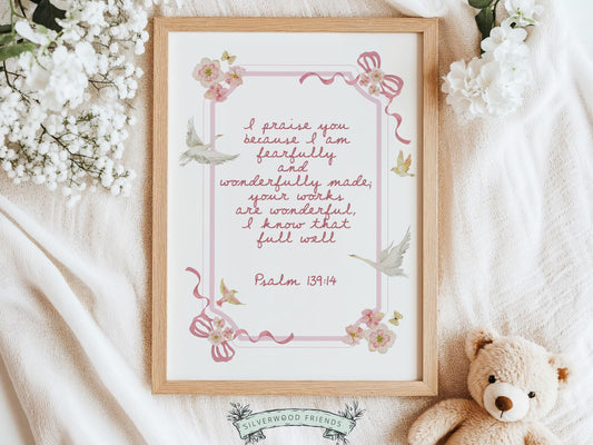 Create a peaceful and faith-filled space with this Psalm 139:14 nursery wall art, featuring the beloved “Fearfully and Wonderfully Made” Bible verse in soft pink lettering surrounded by delicate watercolor geese, sweet pink bows, and gentle pink and yellow flowers. This beautiful Christian nursery print is a meaningful reminder that every child is wonderfully made and deeply loved by God, perfect for coquette nursery decor, floral nursery themes, and soft feminine baby rooms.