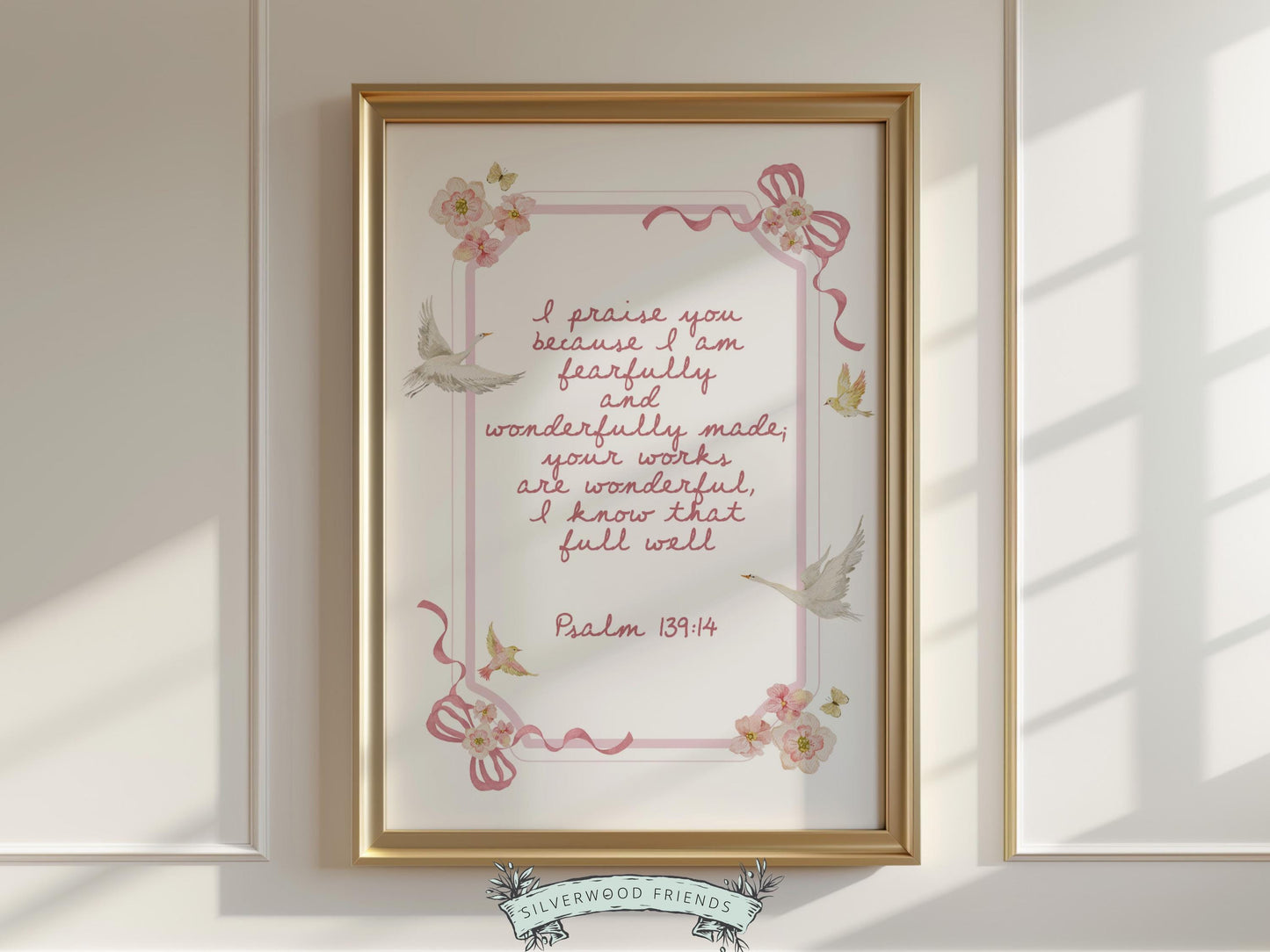 Psalm 139:14 Nursery Wall Art, Fearfully and Wonderfully Made Bible Verse Print, Baby Girl Floral Goose Christian Nursery Decor (DIGITAL)