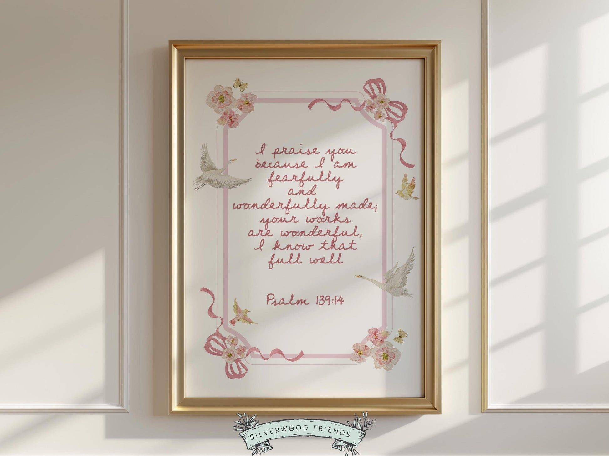Psalm 139:14 Nursery Wall Art, Fearfully and Wonderfully Made Bible Verse Print, Baby Girl Floral Goose Christian Nursery Decor (DIGITAL)