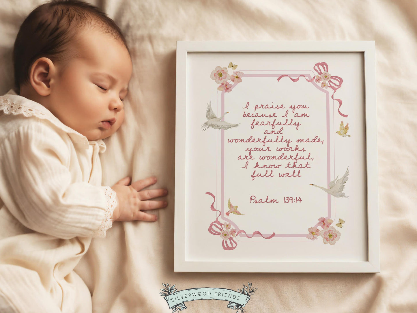 Psalm 139:14 Nursery Wall Art, Fearfully and Wonderfully Made Bible Verse Print, Baby Girl Floral Goose Christian Nursery Decor (DIGITAL)