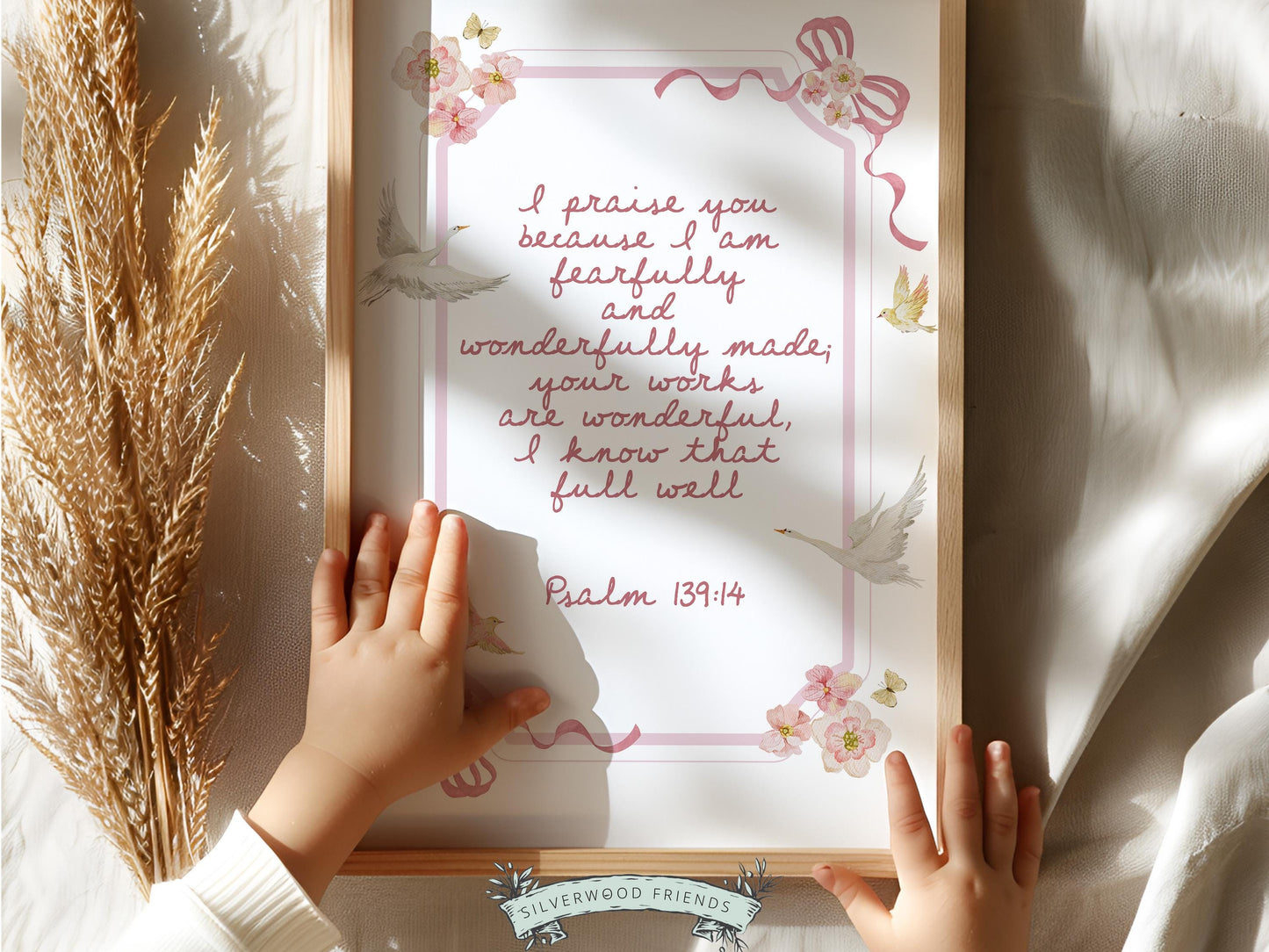 Psalm 139:14 Nursery Wall Art, Fearfully and Wonderfully Made Bible Verse Print, Baby Girl Floral Goose Christian Nursery Decor (DIGITAL)