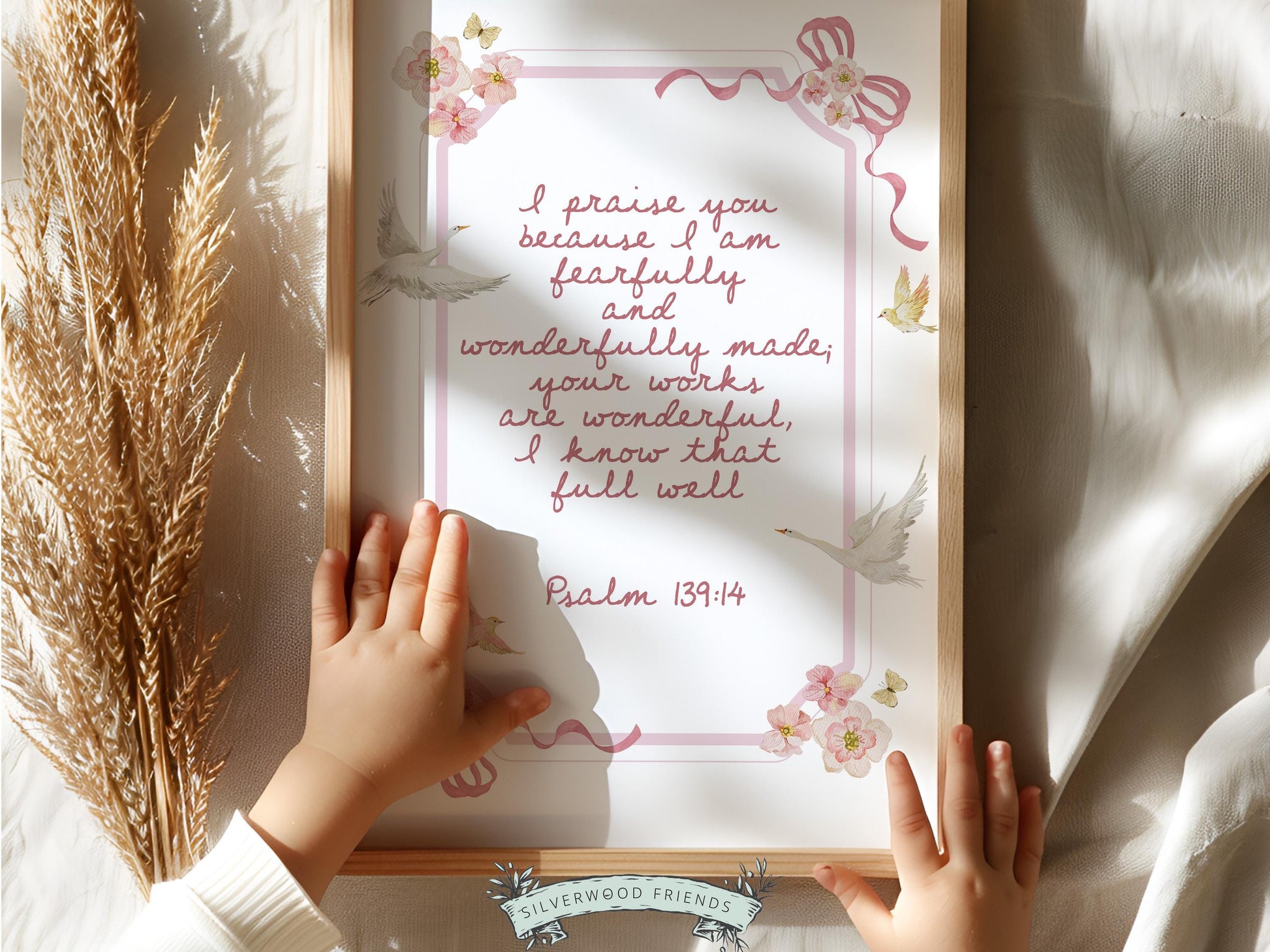 Psalm 139:14 Nursery Wall Art, Fearfully and Wonderfully Made Bible Verse Print, Baby Girl Floral Goose Christian Nursery Decor (DIGITAL)