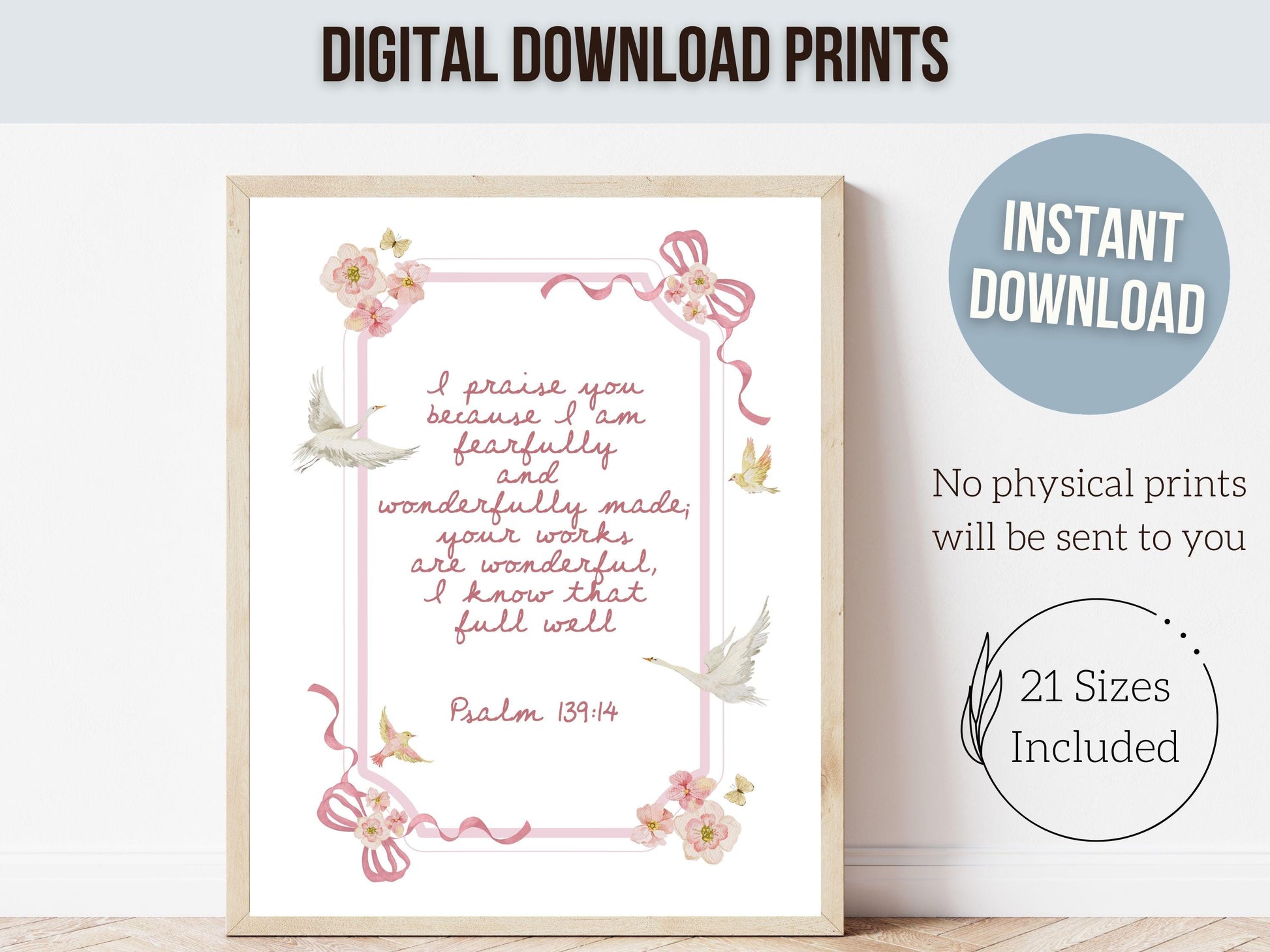 Psalm 139:14 Nursery Wall Art, Fearfully and Wonderfully Made Bible Verse Print, Baby Girl Floral Goose Christian Nursery Decor (DIGITAL)