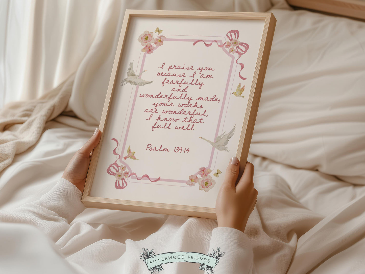 Psalm 139:14 Nursery Wall Art, Fearfully and Wonderfully Made Bible Verse Print, Baby Girl Floral Goose Christian Nursery Decor (DIGITAL)