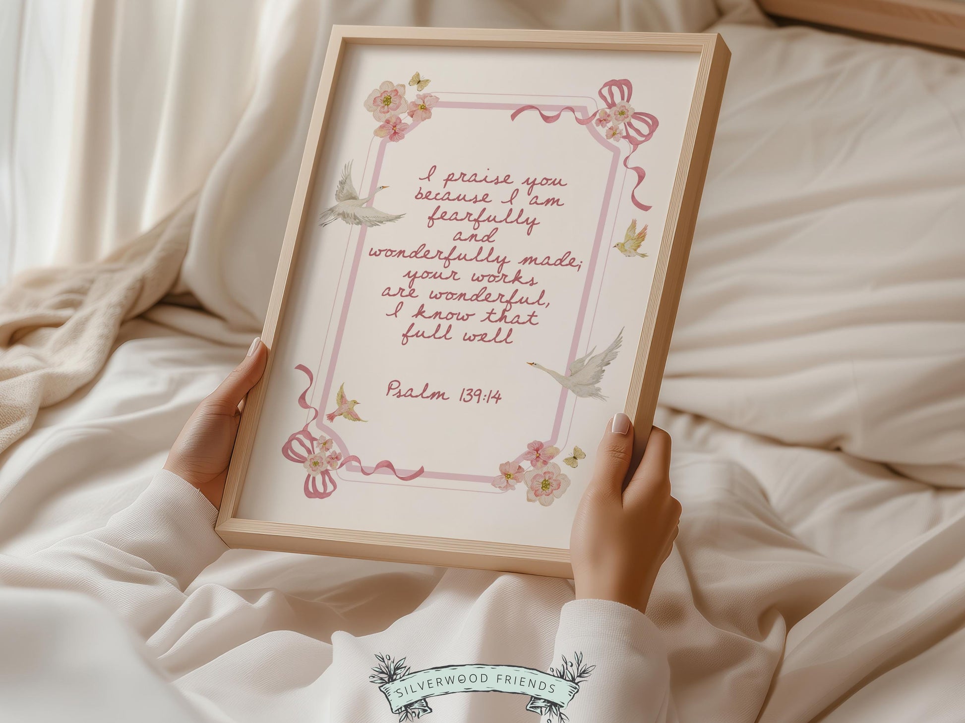 Psalm 139:14 Nursery Wall Art, Fearfully and Wonderfully Made Bible Verse Print, Baby Girl Floral Goose Christian Nursery Decor (DIGITAL)