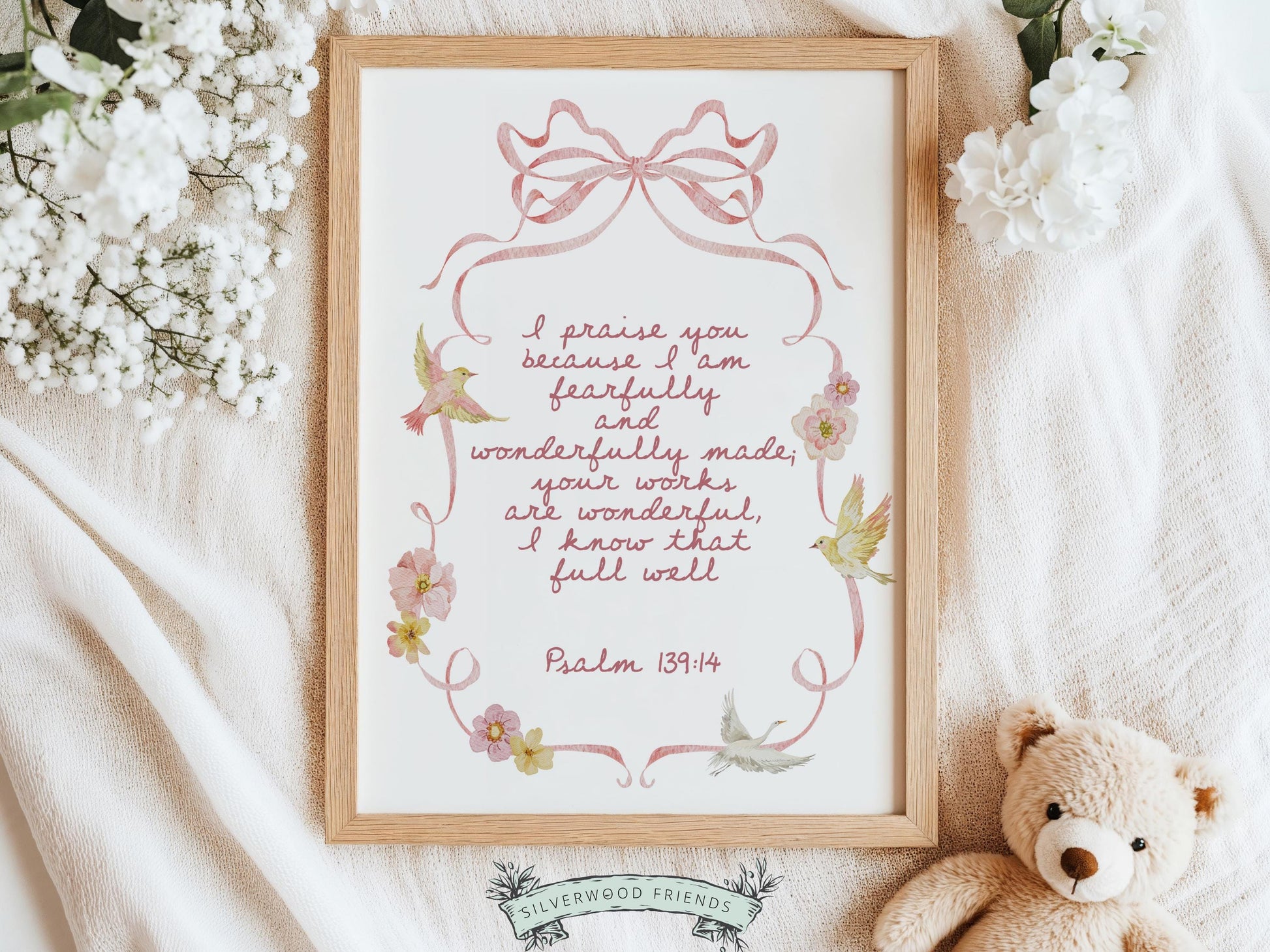 Create a peaceful and faith-filled space with this Psalm 139:14 nursery wall art, featuring the beloved “Fearfully and Wonderfully Made” Bible verse in soft pink lettering surrounded by a sweet goose, delicate birds, coquette bows, and soft pink and yellow watercolor flowers. This beautiful Christian nursery print is a meaningful reminder that every child is wonderfully made and deeply loved by God, perfect for coquette nursery decor, floral nursery themes, and soft feminine baby rooms.