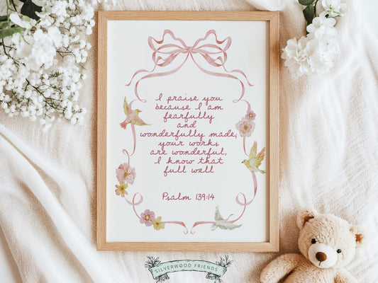Create a peaceful and faith-filled space with this Psalm 139:14 nursery wall art, featuring the beloved “Fearfully and Wonderfully Made” Bible verse in soft pink lettering surrounded by a sweet goose, delicate birds, coquette bows, and soft pink and yellow watercolor flowers. This beautiful Christian nursery print is a meaningful reminder that every child is wonderfully made and deeply loved by God, perfect for coquette nursery decor, floral nursery themes, and soft feminine baby rooms.