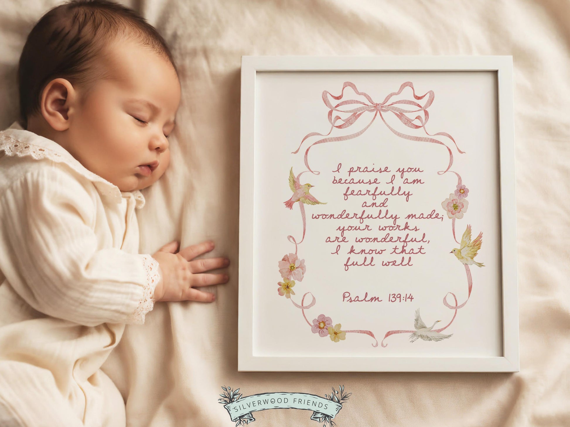 Psalm 139:14 Nursery Wall Art, Fearfully Wonderfully Made Bible Verse Print, Baby Girl Pretty Floral Goose Christian Nursery Decor (DIGITAL)