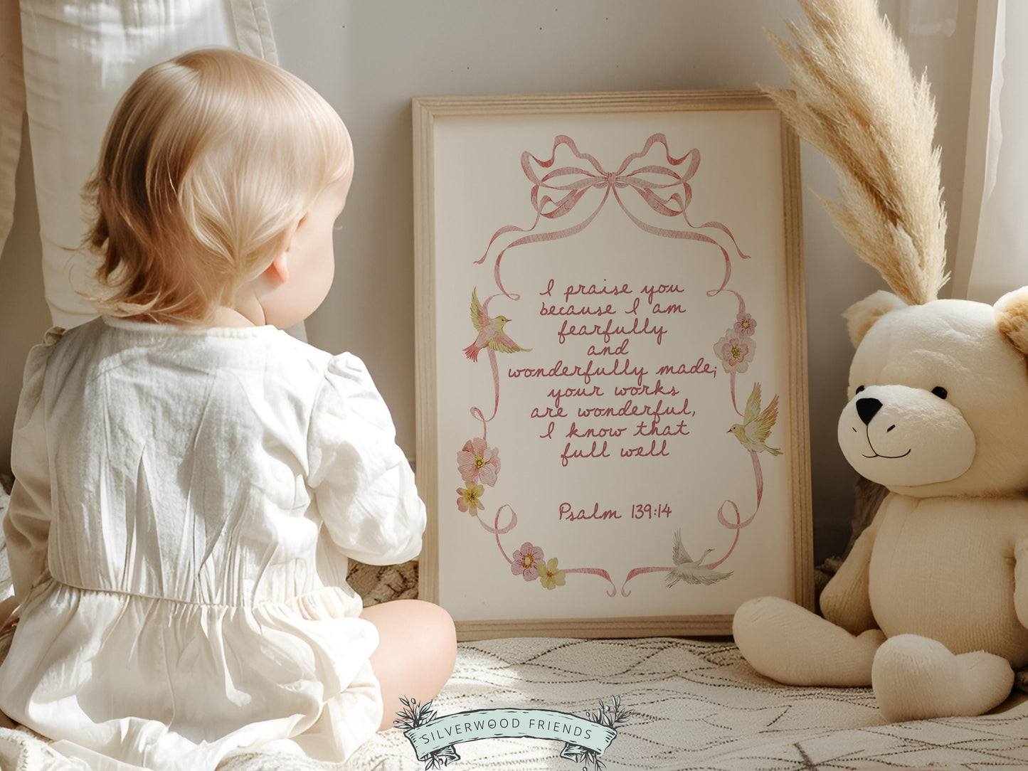Psalm 139:14 Nursery Wall Art, Fearfully Wonderfully Made Bible Verse Print, Baby Girl Pretty Floral Goose Christian Nursery Decor (DIGITAL)