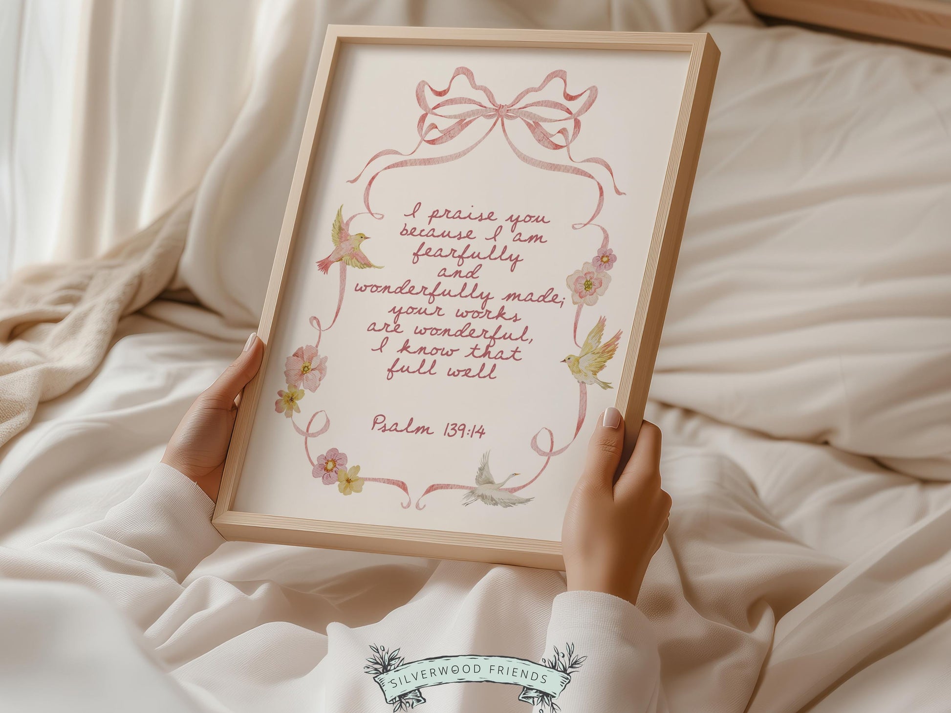 Psalm 139:14 Nursery Wall Art, Fearfully Wonderfully Made Bible Verse Print, Baby Girl Pretty Floral Goose Christian Nursery Decor (DIGITAL)