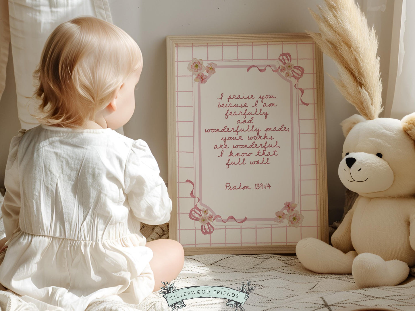 Psalm 139:14 Nursery Wall Art, Fearfully and Wonderfully Made Bible Verse Print, Baby Girl Floral Christian Nursery Decor, Digital Download