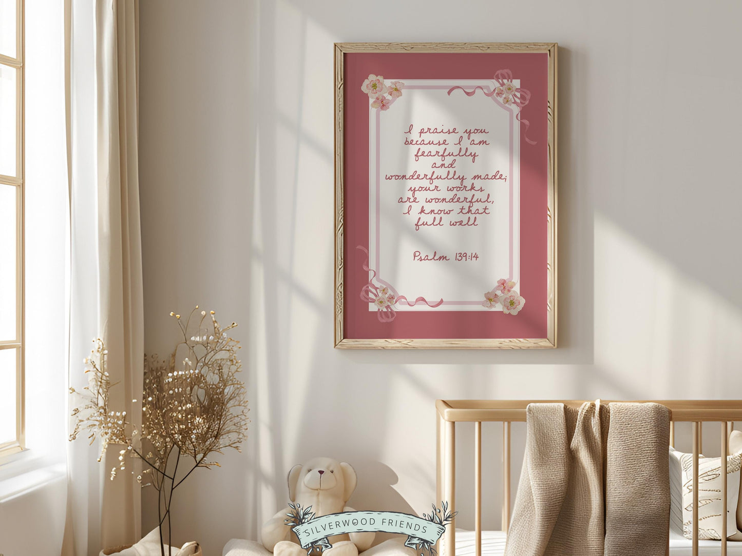 Psalm 139:14 Nursery Wall Art, Fearfully Wonderfully Made Bible Verse Print, Baby Girl Pink Floral Christian Nursery Decor Gift (DIGITAL)