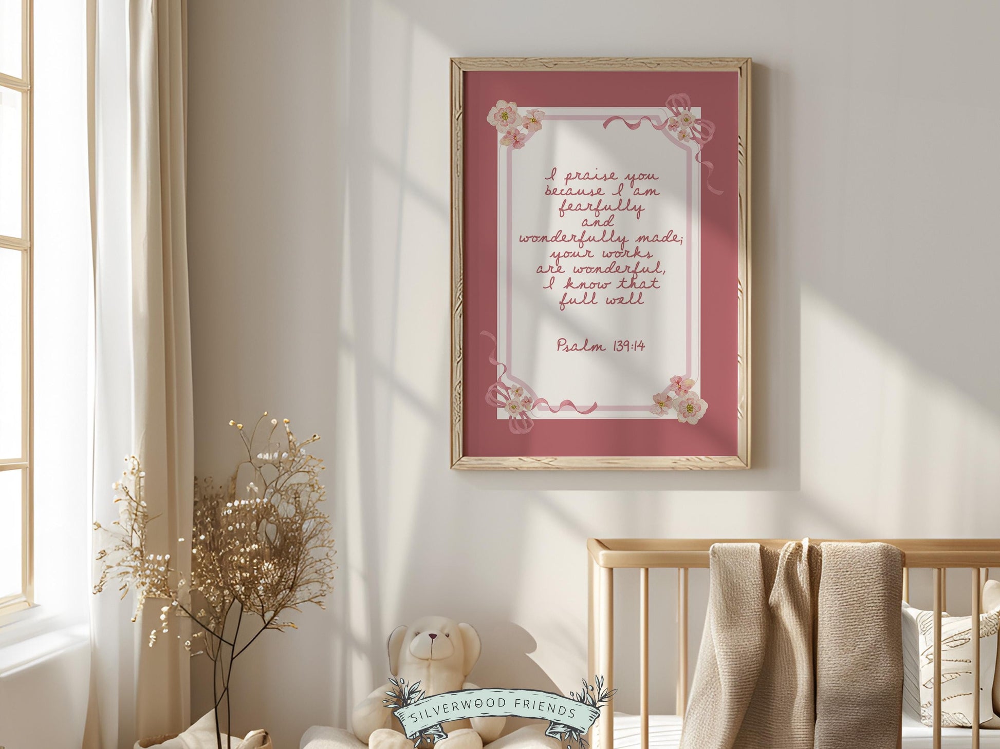 Psalm 139:14 Nursery Wall Art, Fearfully Wonderfully Made Bible Verse Print, Baby Girl Pink Floral Christian Nursery Decor Gift (DIGITAL)