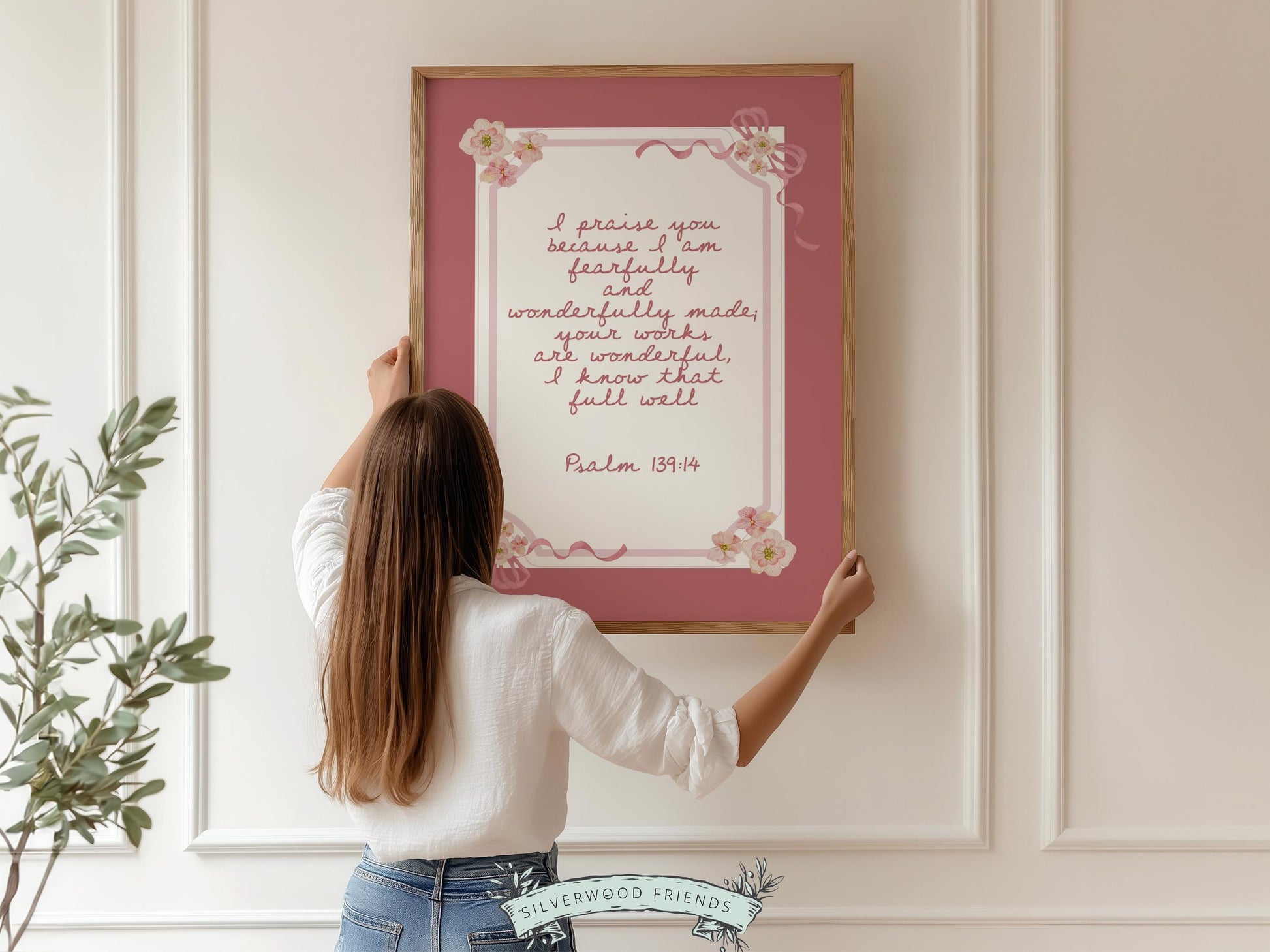Psalm 139:14 Nursery Wall Art, Fearfully Wonderfully Made Bible Verse Print, Baby Girl Pink Floral Christian Nursery Decor Gift (DIGITAL)