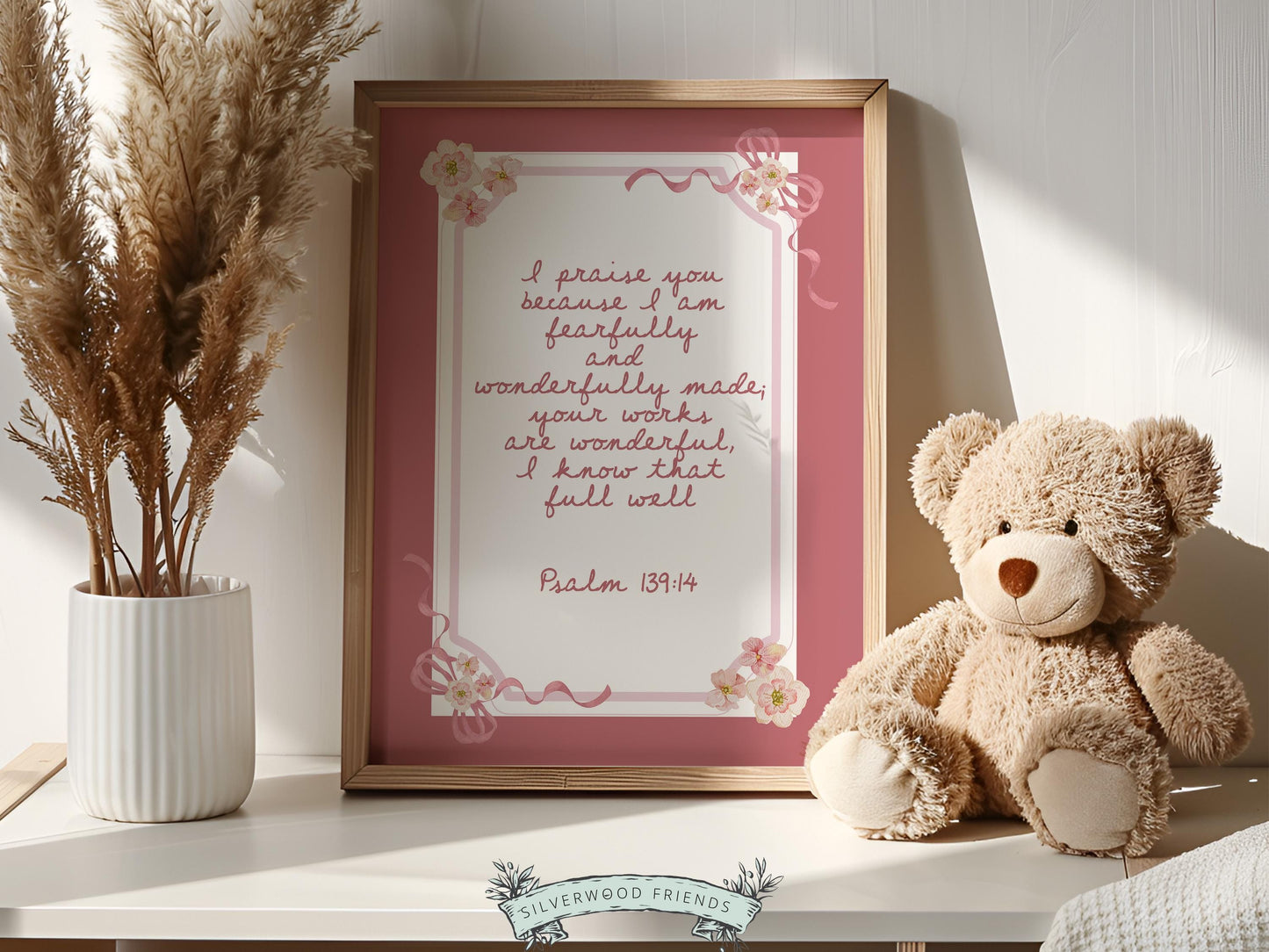 Psalm 139:14 Nursery Wall Art, Fearfully Wonderfully Made Bible Verse Print, Baby Girl Pink Floral Christian Nursery Decor Gift (DIGITAL)