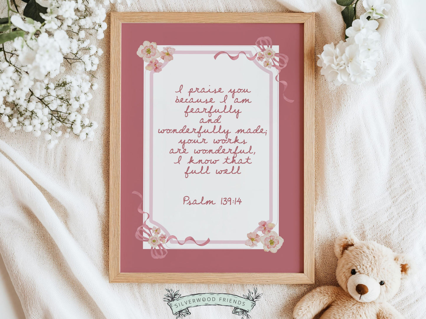 Psalm 139:14 Nursery Wall Art, Fearfully Wonderfully Made Bible Verse Print, Baby Girl Pink Floral Christian Nursery Decor Gift (DIGITAL)
