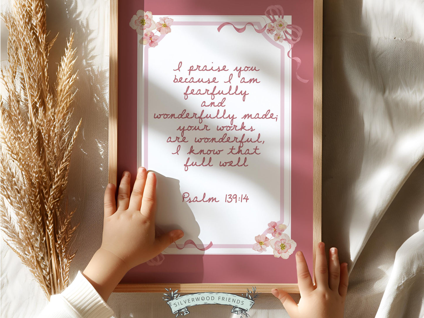 Psalm 139:14 Nursery Wall Art, Fearfully Wonderfully Made Bible Verse Print, Baby Girl Pink Floral Christian Nursery Decor Gift (DIGITAL)