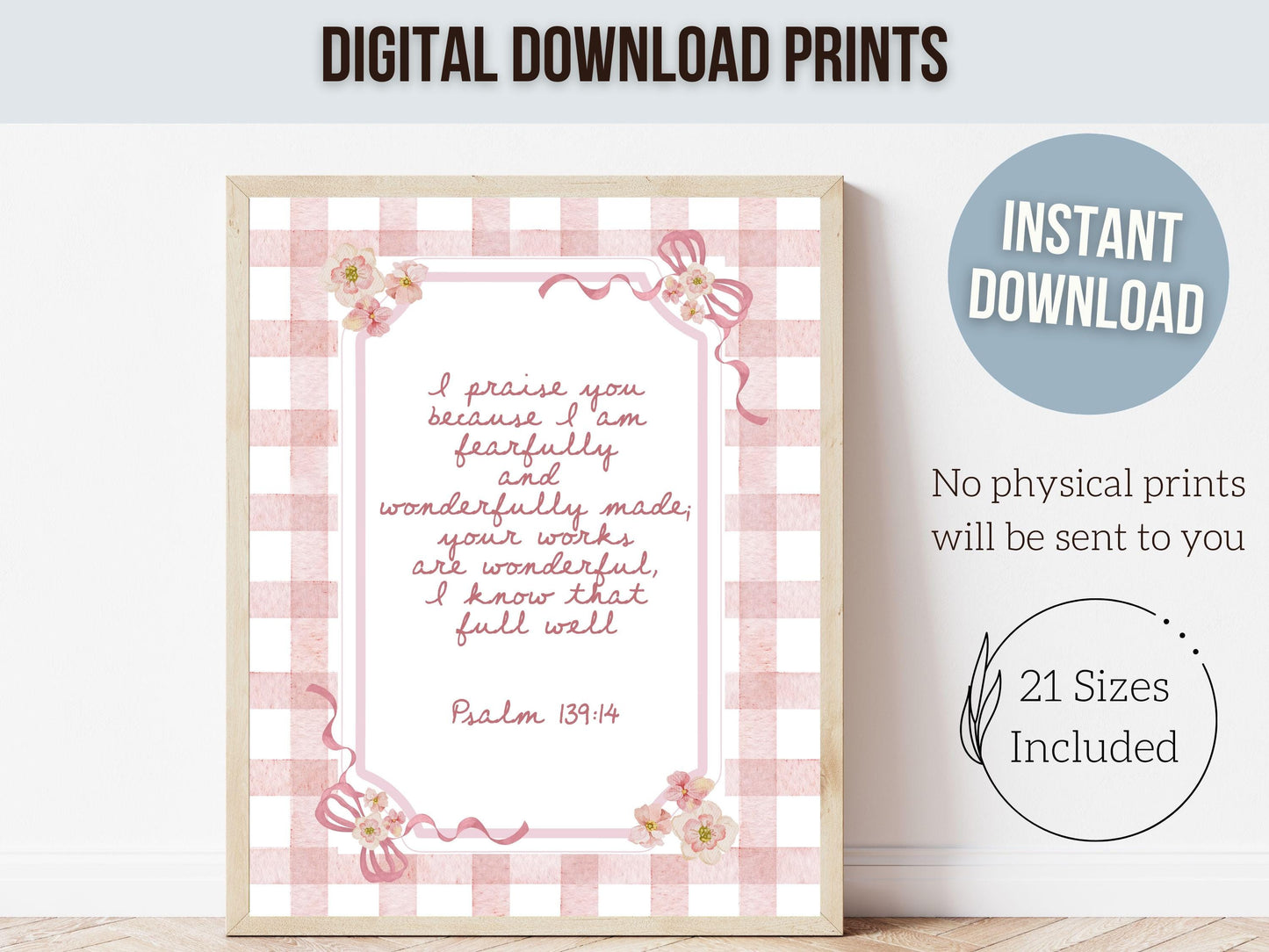 Psalm 139:14 Nursery Wall Art, Fearfully Wonderfully Made Bible Verse Print, Baby Girl Pink Check Floral Christian Nursery Decor (DIGITAL)