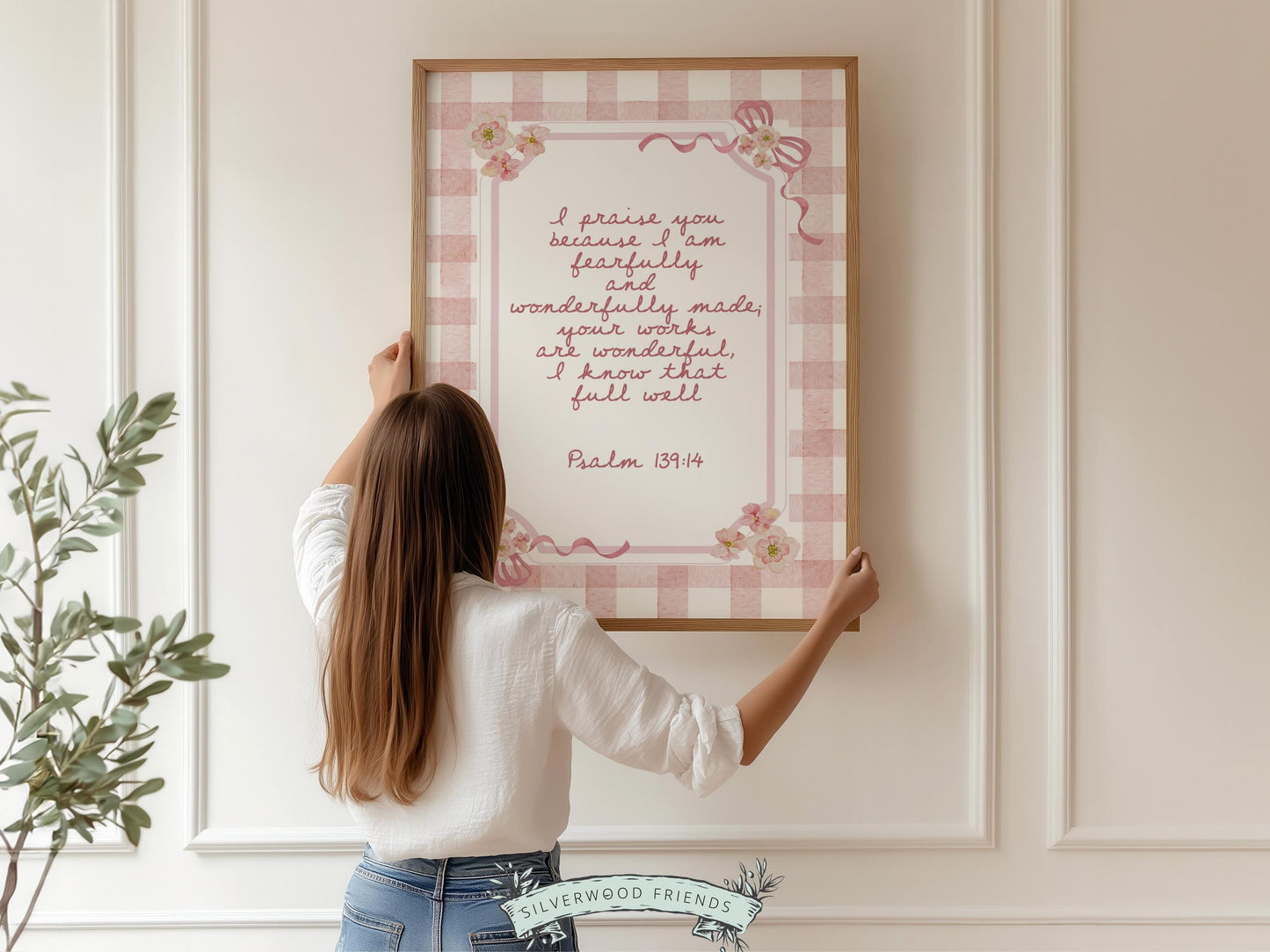 Psalm 139:14 Nursery Wall Art, Fearfully Wonderfully Made Bible Verse Print, Baby Girl Pink Check Floral Christian Nursery Decor (DIGITAL)