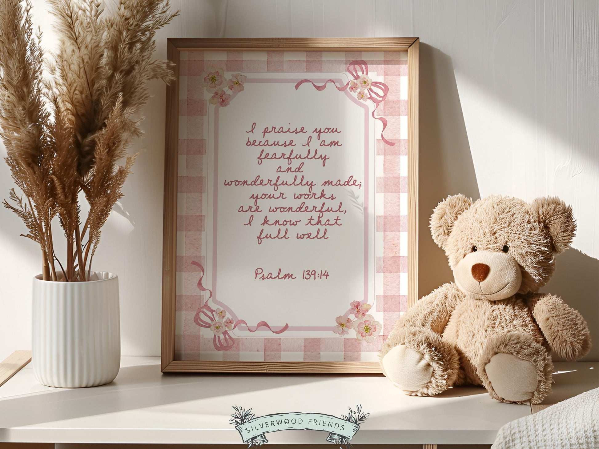 Psalm 139:14 Nursery Wall Art, Fearfully Wonderfully Made Bible Verse Print, Baby Girl Pink Check Floral Christian Nursery Decor (DIGITAL)