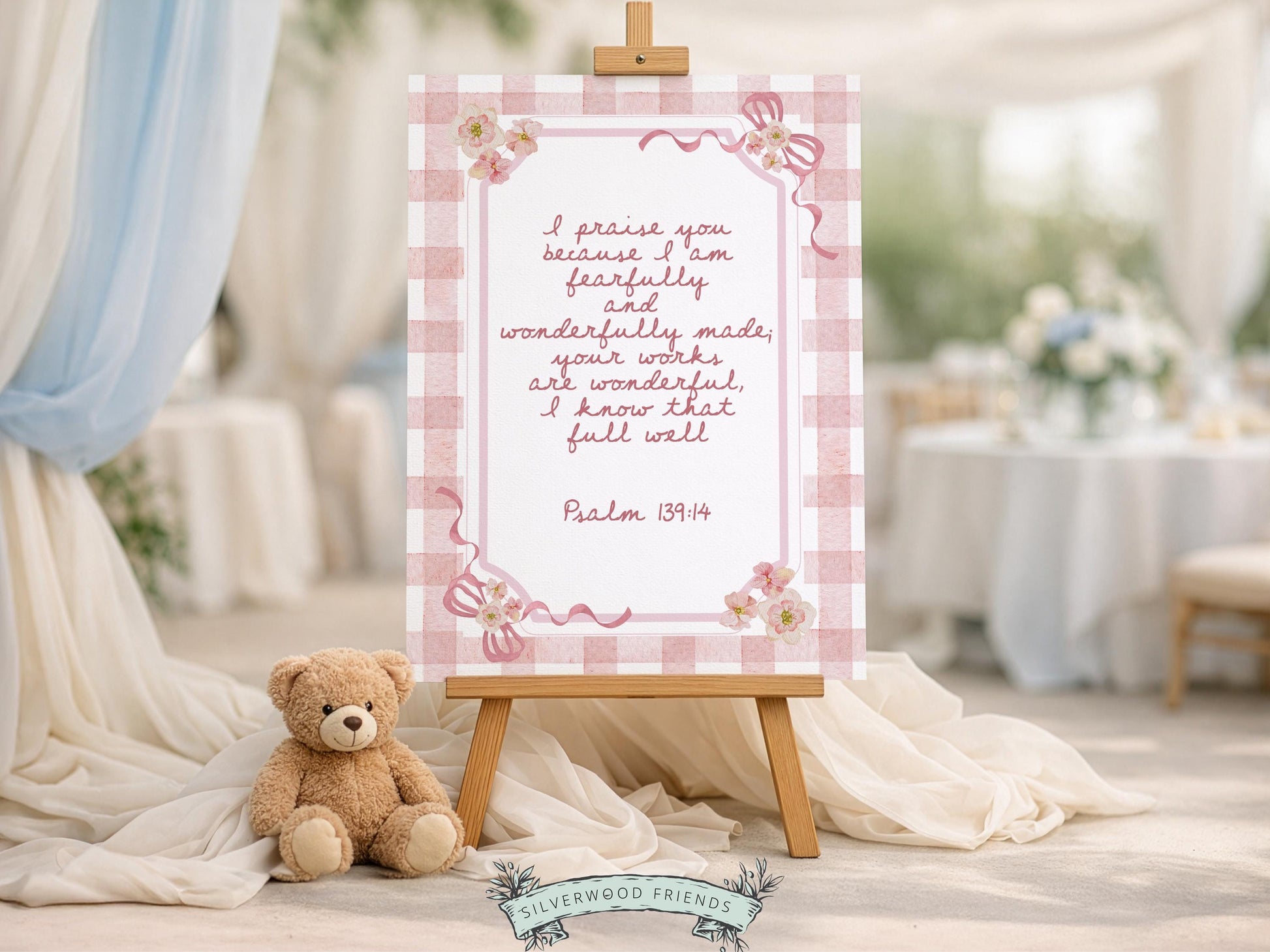 Psalm 139:14 Nursery Wall Art, Fearfully Wonderfully Made Bible Verse Print, Baby Girl Pink Check Floral Christian Nursery Decor (DIGITAL)