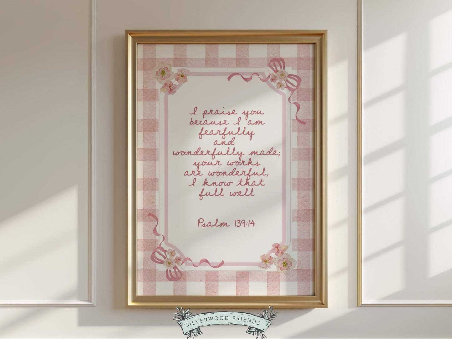 Psalm 139:14 Nursery Wall Art, Fearfully Wonderfully Made Bible Verse Print, Baby Girl Pink Check Floral Christian Nursery Decor (DIGITAL)